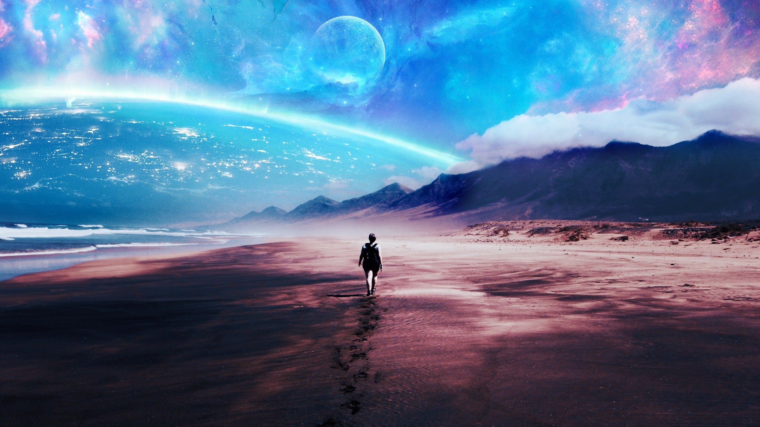 2560x1440 Alone 4K Wallpaper, Beach, Lost, Exploration, Travel, Surreal, Fantasy, Desktop