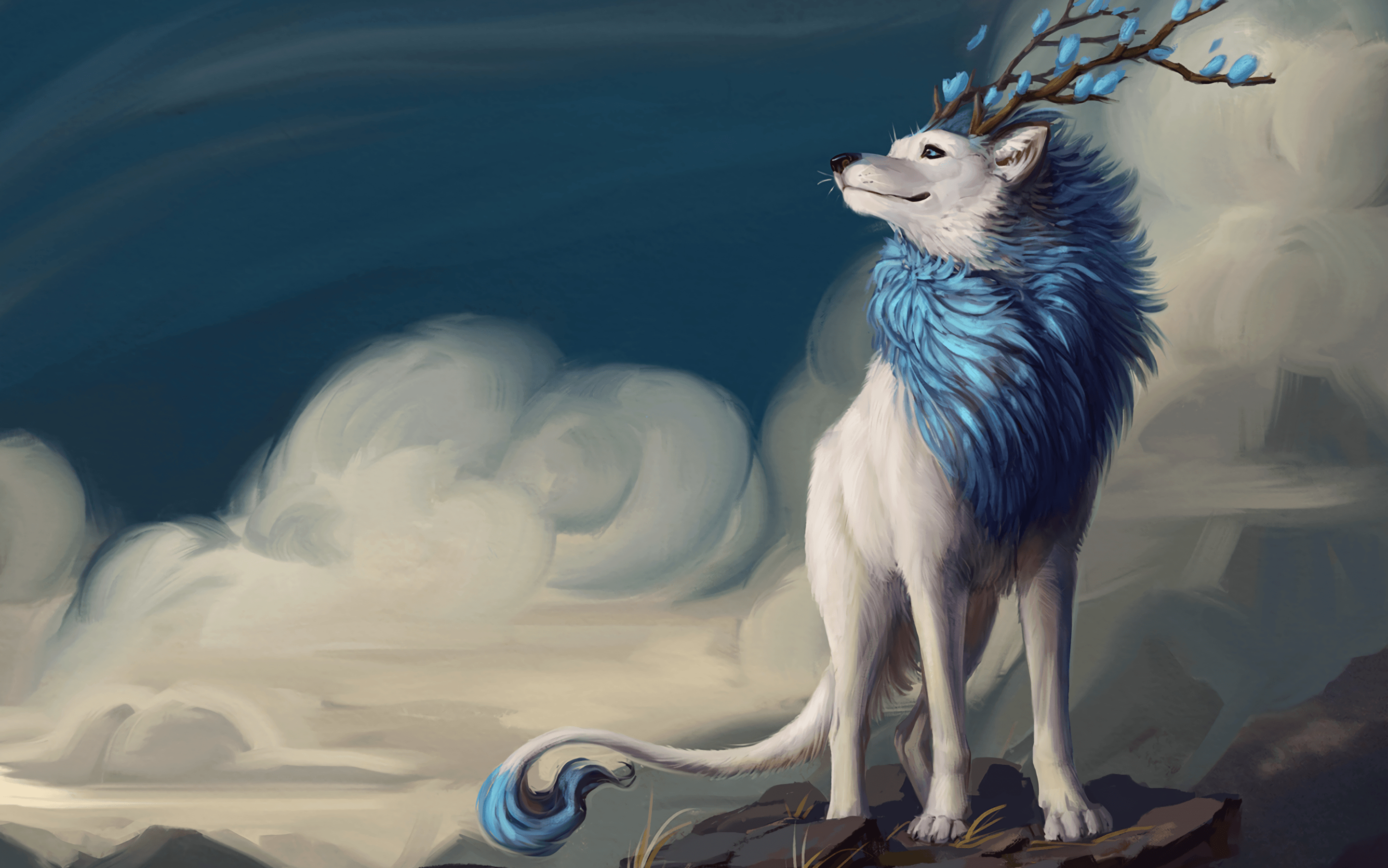 2880x1800 Download  Fantasy Wolf, Smiling, Horns, Clouds, Tail, Desktop