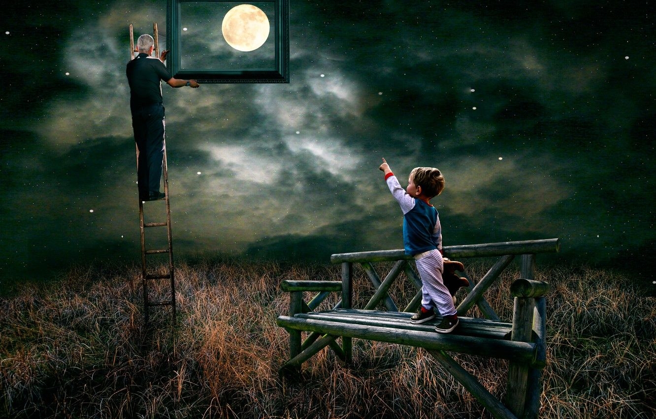 1340x850 Wallpaper the moon, stars, boy, Look garndad you have caught the moon for me image for desktop, section рендеринг, Desktop