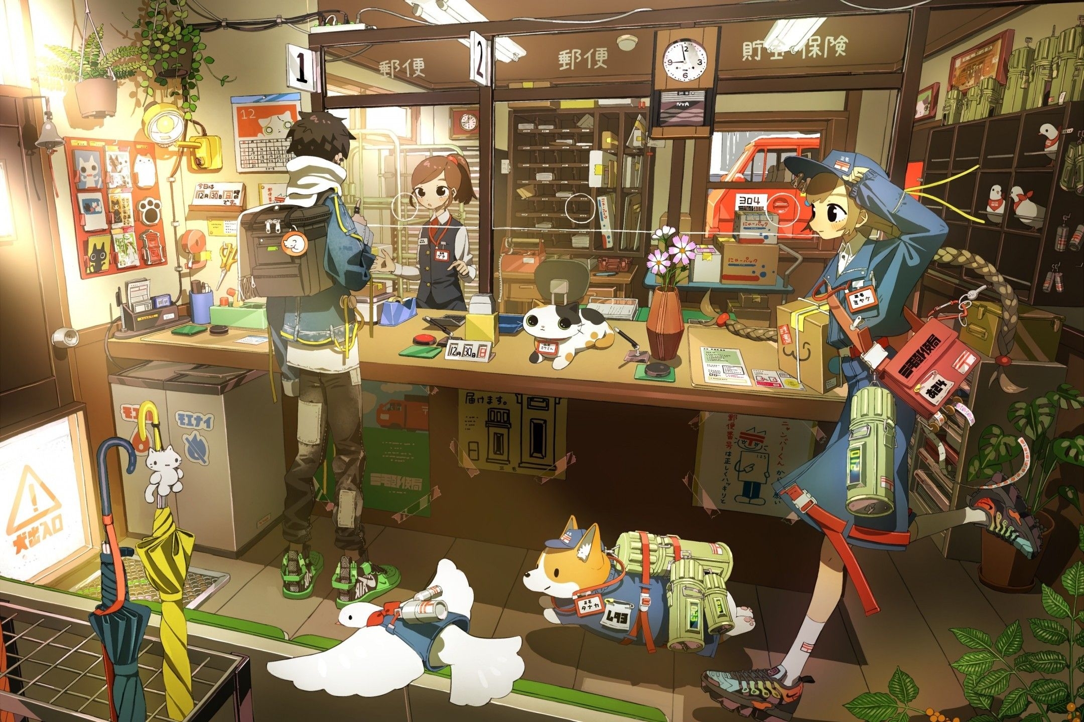 2160x1440 Download  Anime Room, Post Office, People, Mood, Uniform Wallpaper, Desktop