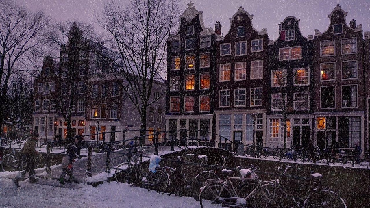1280x720 Desktop Wallpaper Amsterdam Netherlands bridge Winter Snow Cities, Desktop