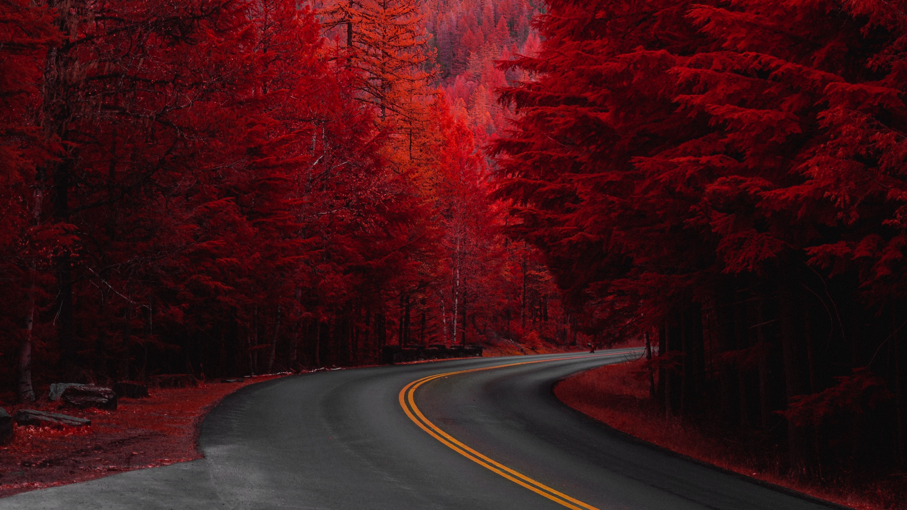 3840x2160 Download Wallpaper  red turn trees road landscape mountain wallpaper, background 4K UHD 16:9, Desktop