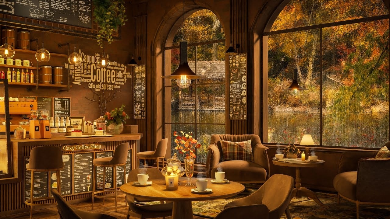 1280x720 Autumn Rainy Day in Cozy Coffee Shop 4K ☕ with Piano Jazz Music for Relaxing, Studying and Working, Desktop