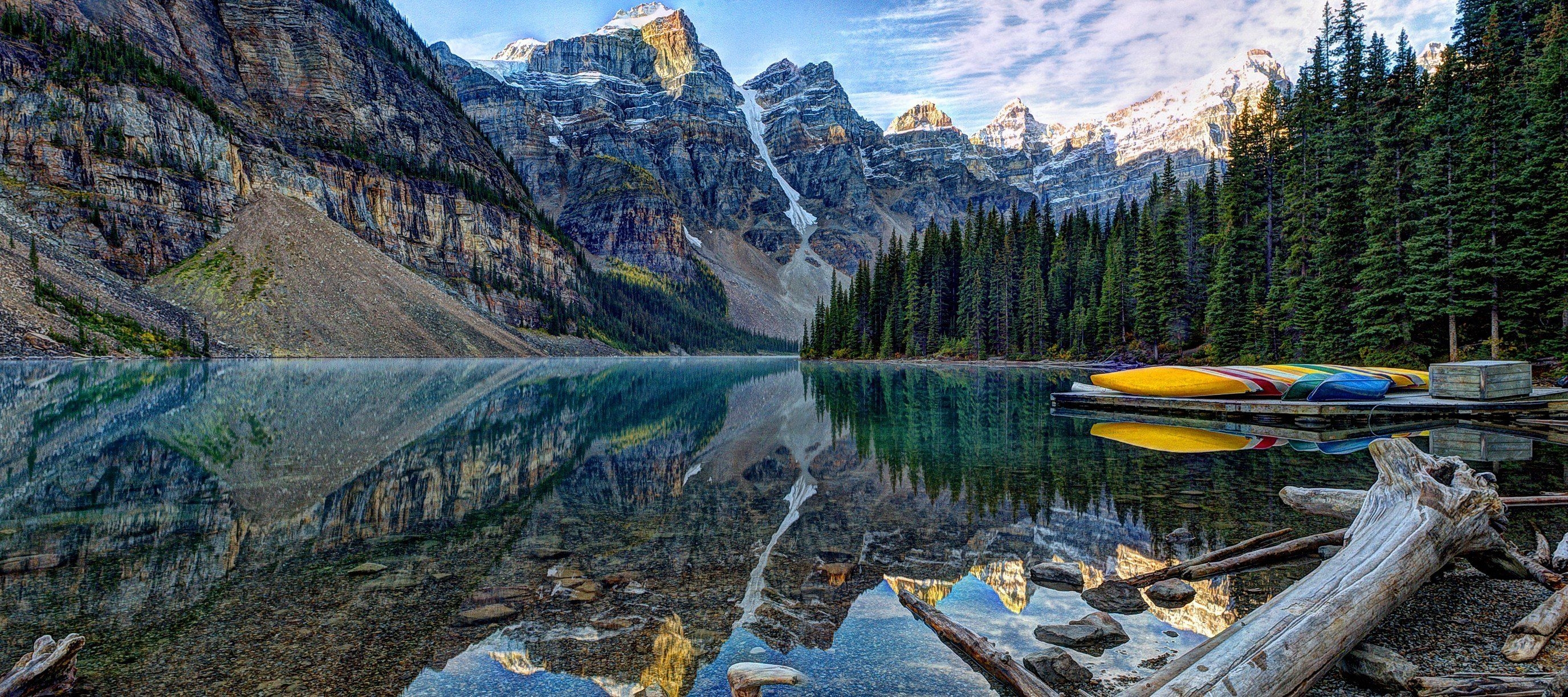 2760x1230 Moraine Lake Banff National Park lake Mountains wallpaper, Dual Screen