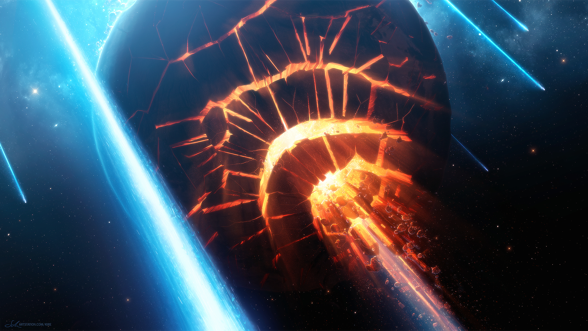 1920x1080 Wallpaper, Erik Shoemaker, digital art, artwork, planet, space, explosion, destruction, fire, stars, Desktop