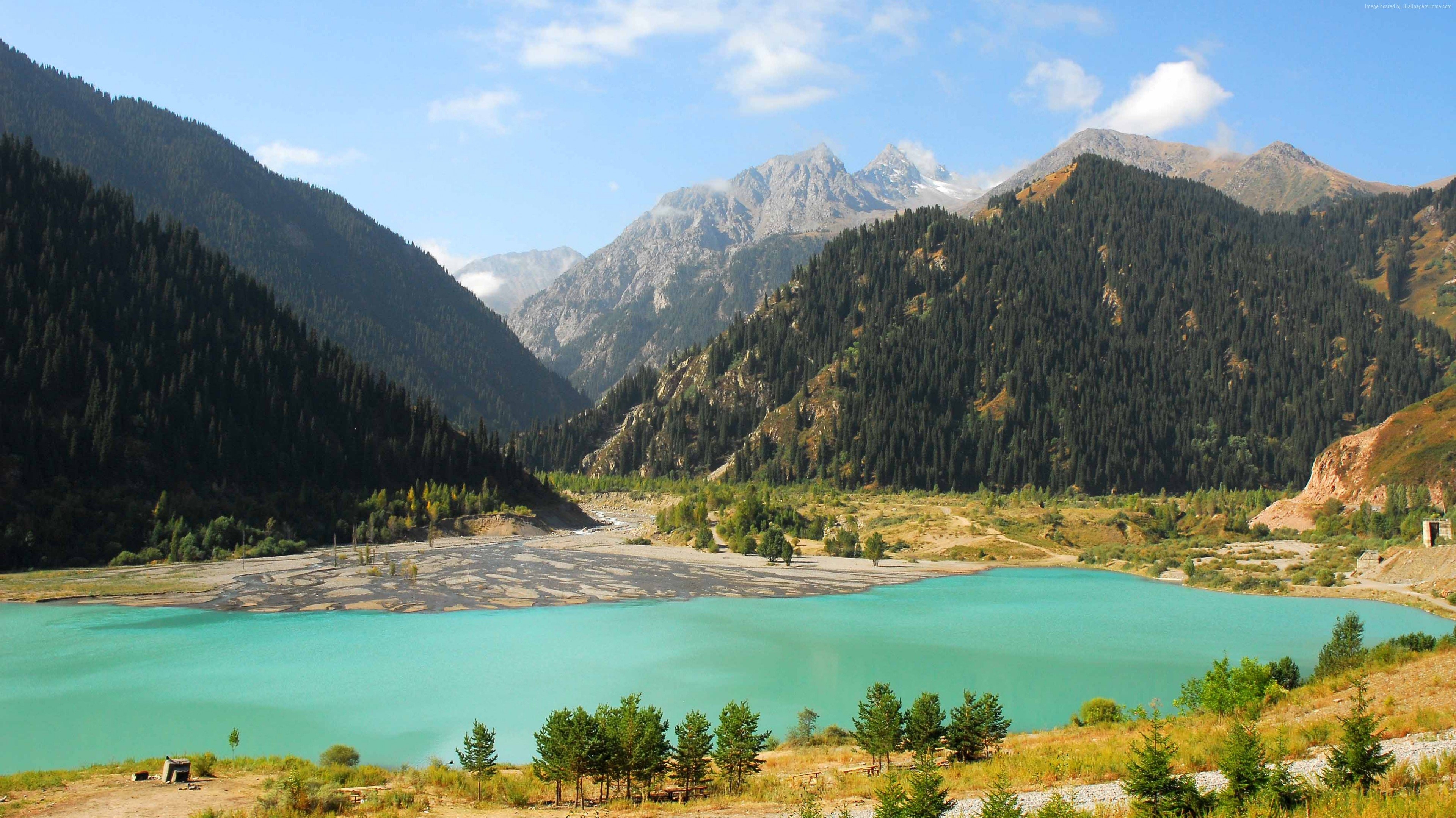 3840x2160 Wallpaper Lake Issyk Kul, Kyrgyzstan, Mountains, Forest, 4k, Travel, Desktop