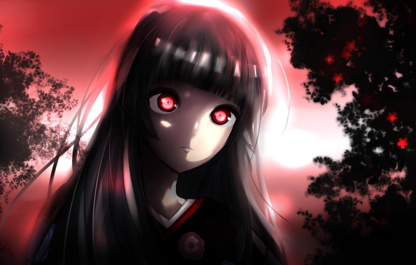 1340x850 Wallpaper anime, night, red eyes, brunette, evil, hell, Desktop