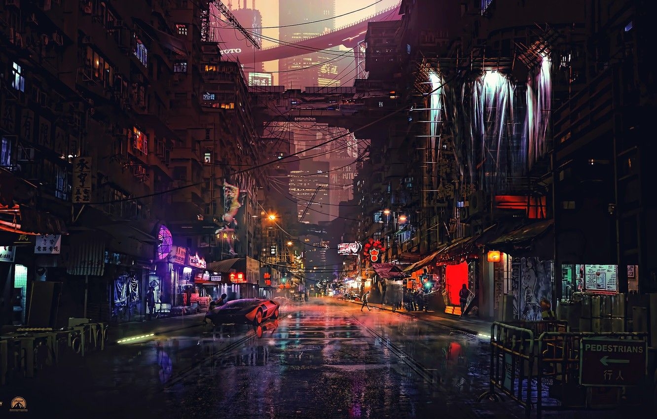 1340x850 Wallpaper The city, Future, Neon, Machine, Street, People, Quarter, Building, Fiction, Puddles, Cyber image for desktop, section фантастика, Desktop