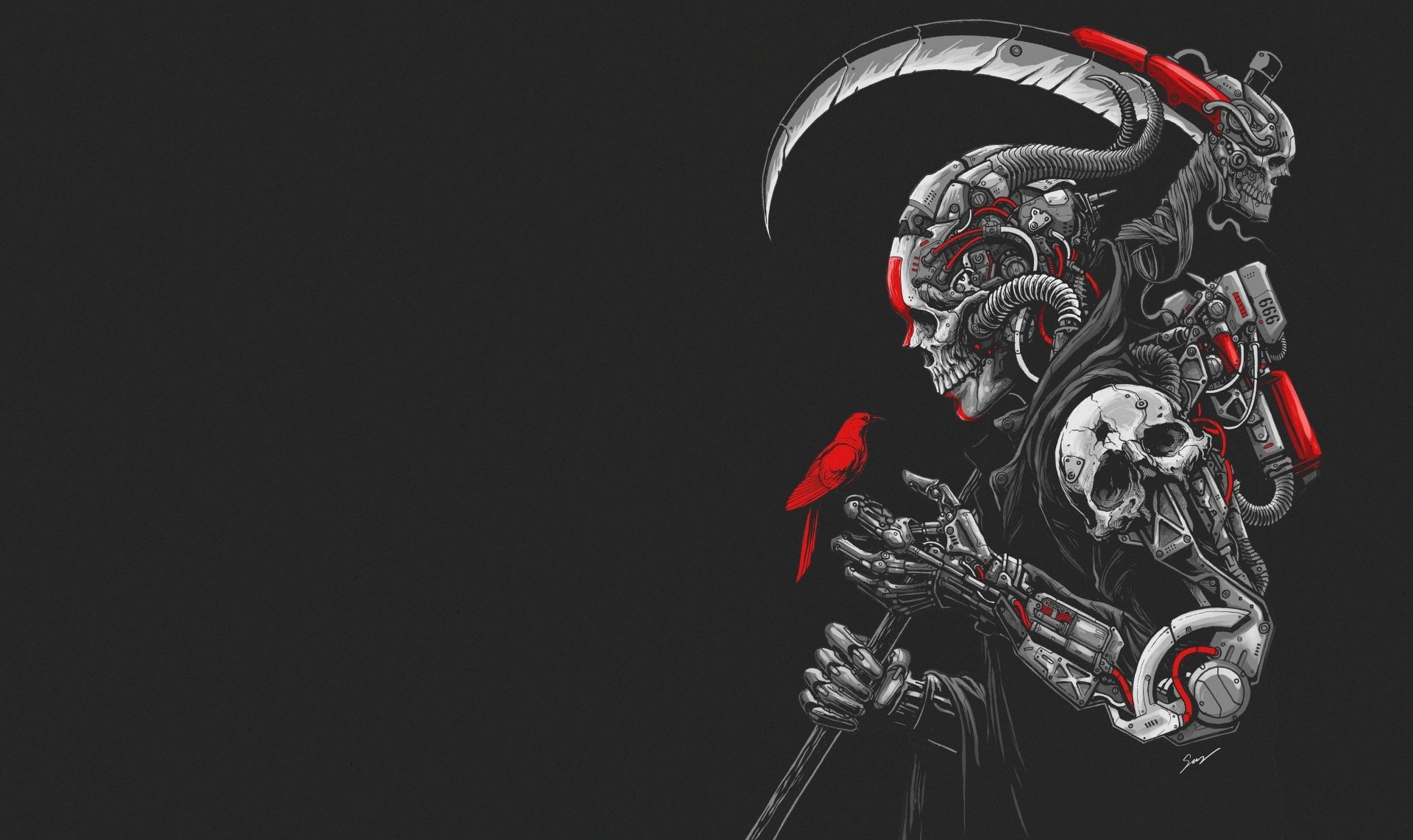 1920x1150 Robot Grim Reaper with Red Bird 4k Ultra HD Wallpaper, Desktop