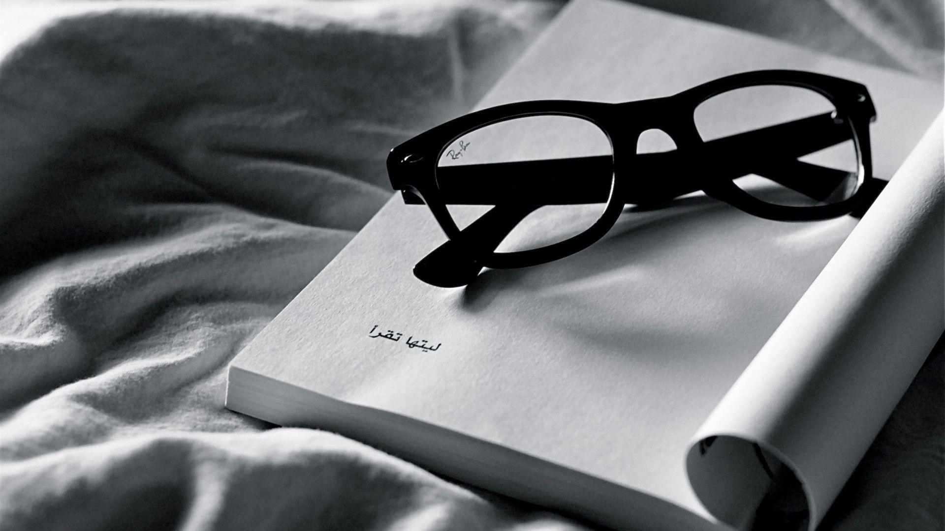 1920x1080 black and white, reading, glasses, books, Arabic, Ray Ban wallpaper, Desktop