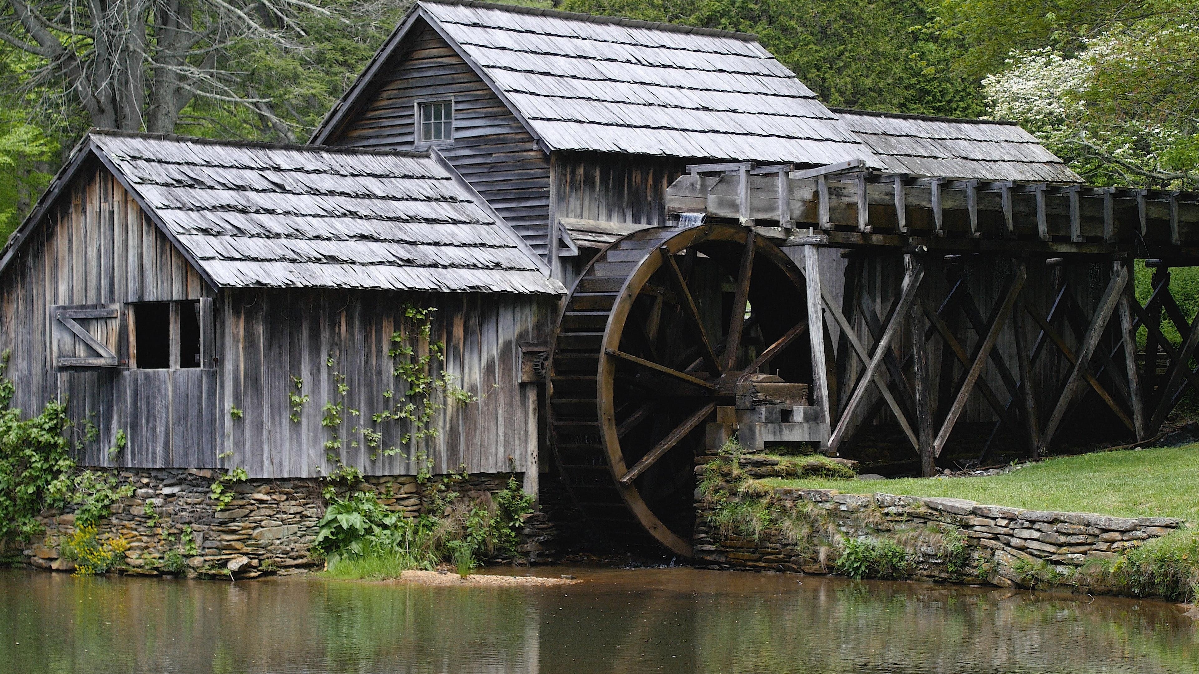 3840x2160 Gray Wooden House With Water Mill Surrounded by Trees · Free, Desktop