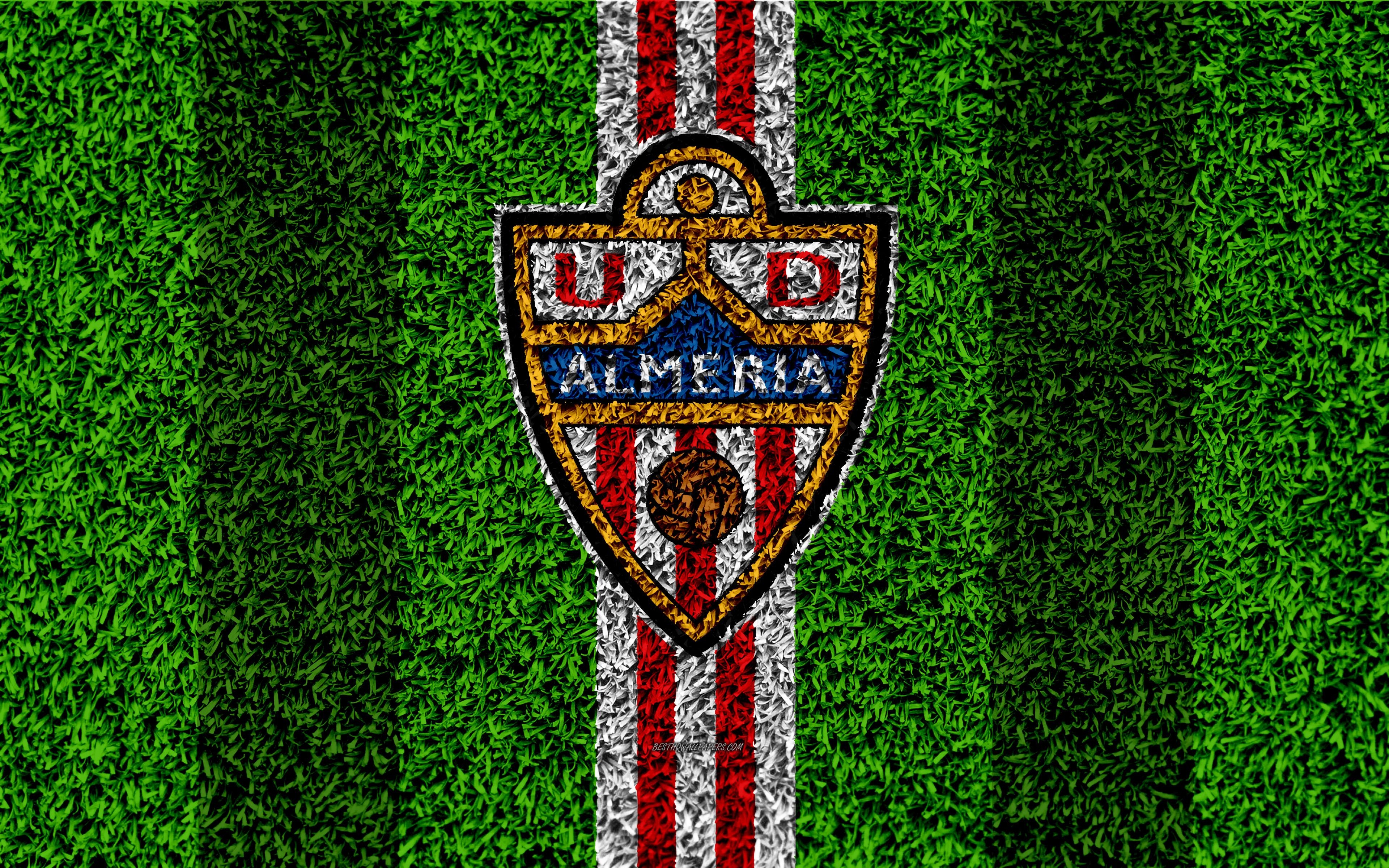 3840x2400 Download wallpaper UD Almeria, logo, 4k, football lawn, Spanish, Desktop