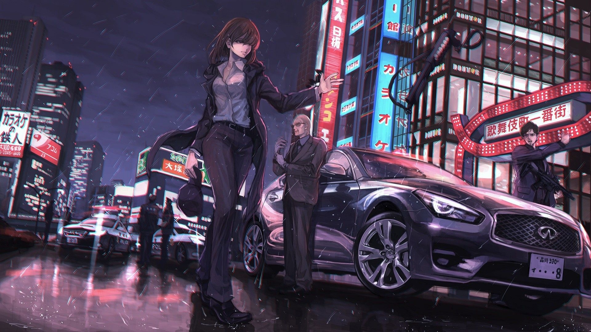 1920x1080 #weapon, #tie, #rain, #car, #anime girls, #water, #anime, Desktop