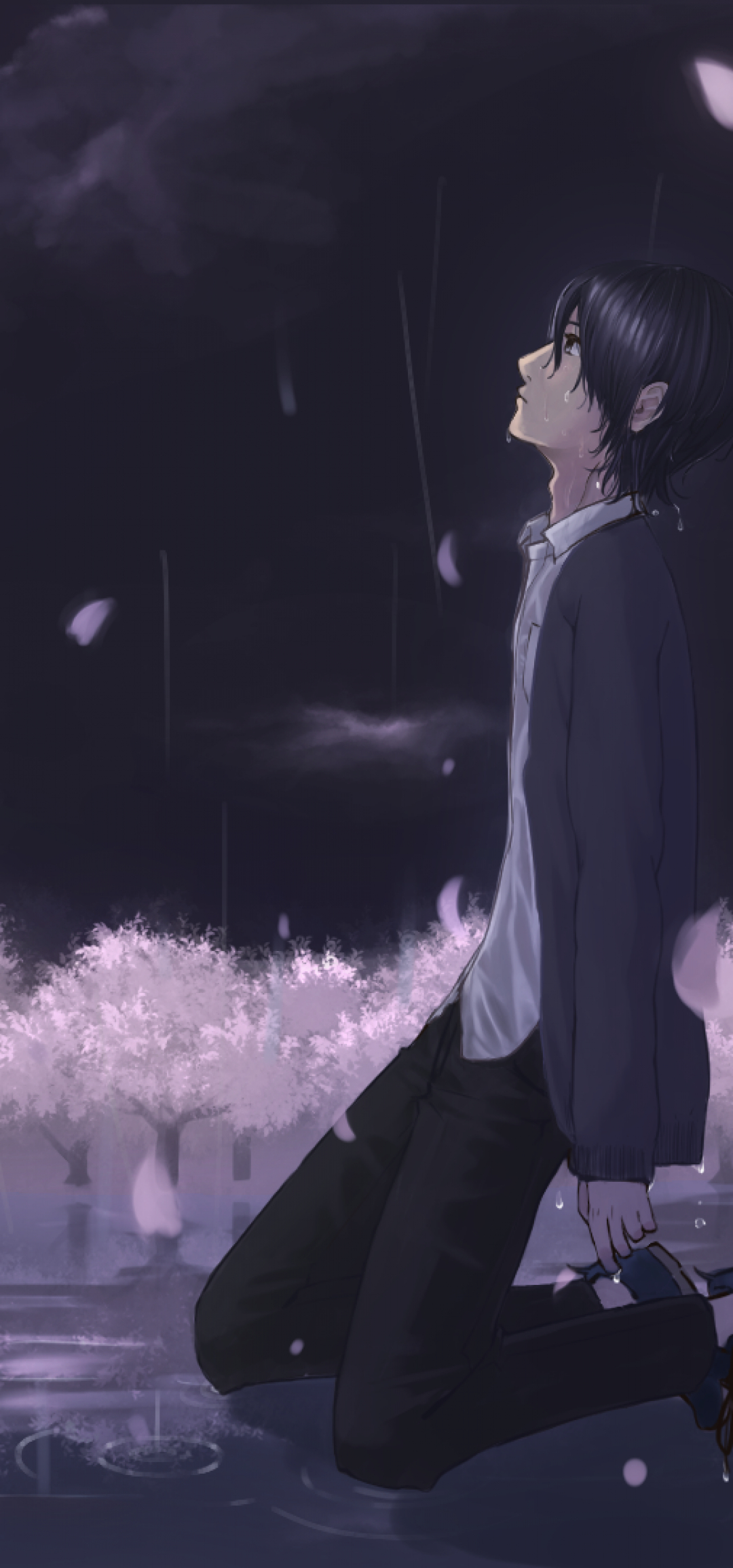 1080x2310 Download  Anime Boy, Sadness, Crying, Teary Eyes, Moon, Raining, Petals Wallpaper for Honor View 20, Phone