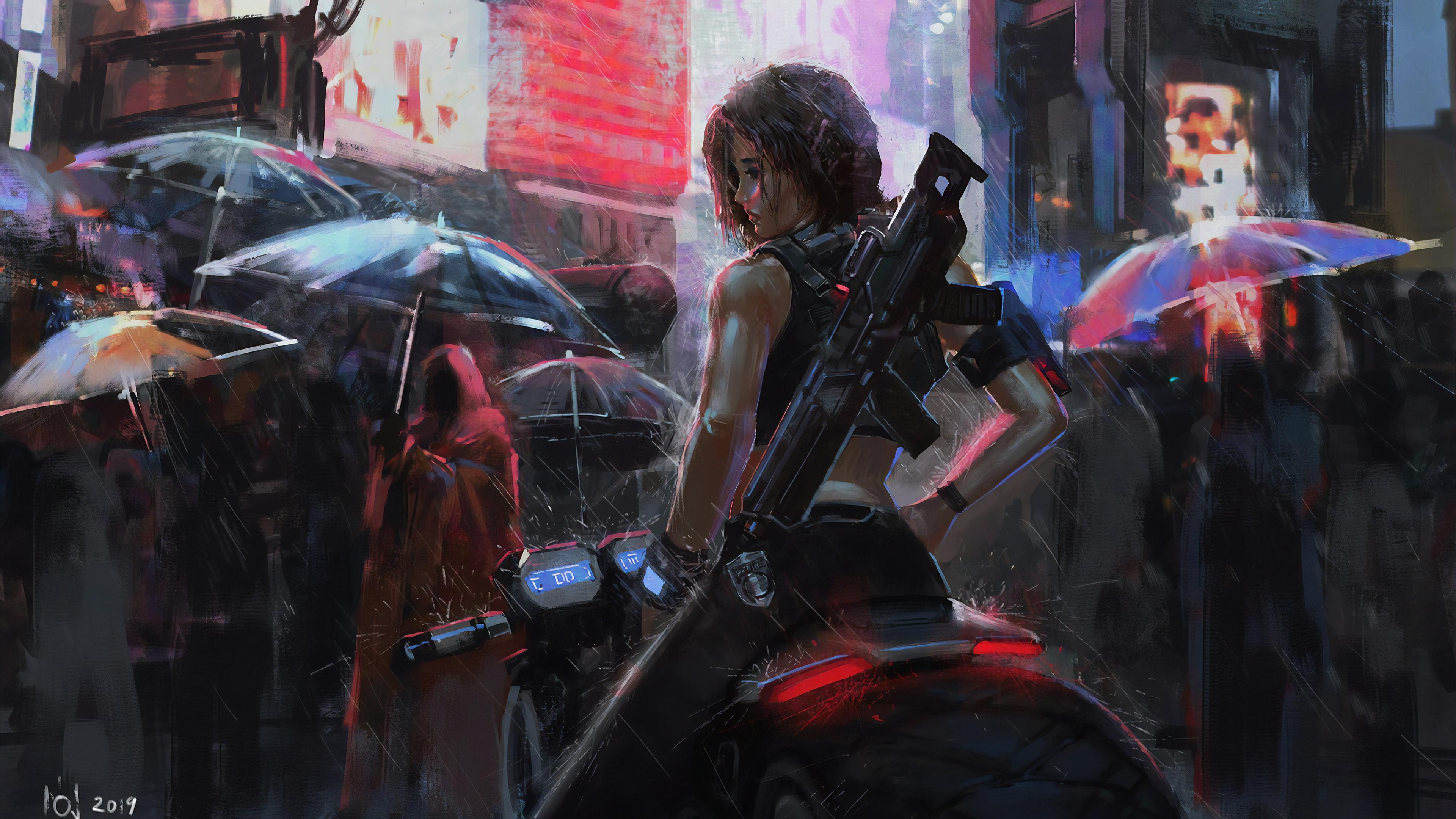 3840x2160 Wallpaper 4k Neon Biker Girl Rain 4k Wallpaper, Anime Girl, Desktop