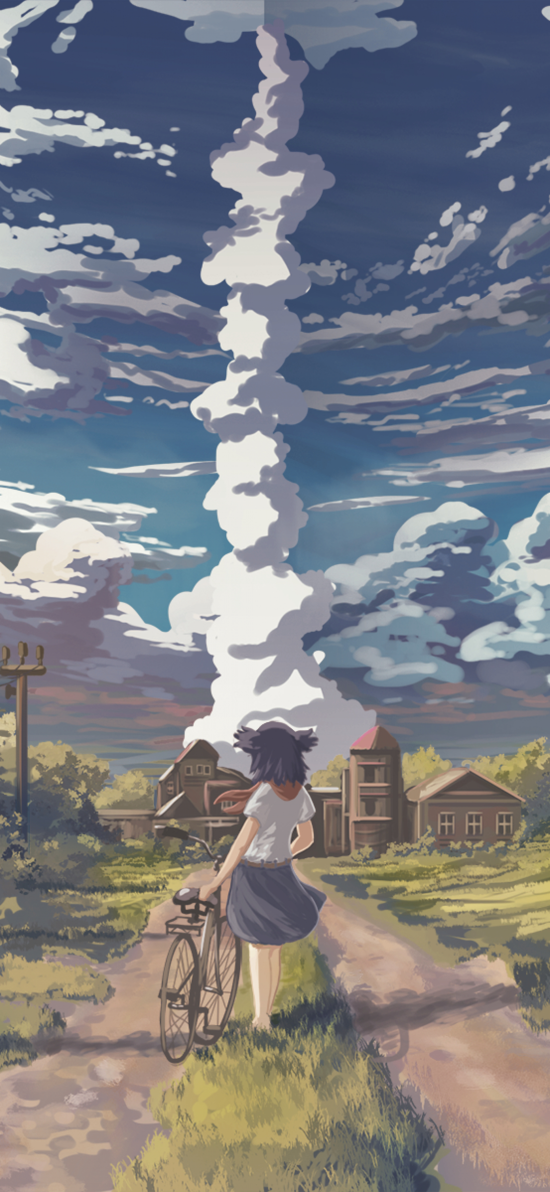 1130x2440 Download  Anime Landscape, Scenic, Girl, Clouds, Forest, Phone