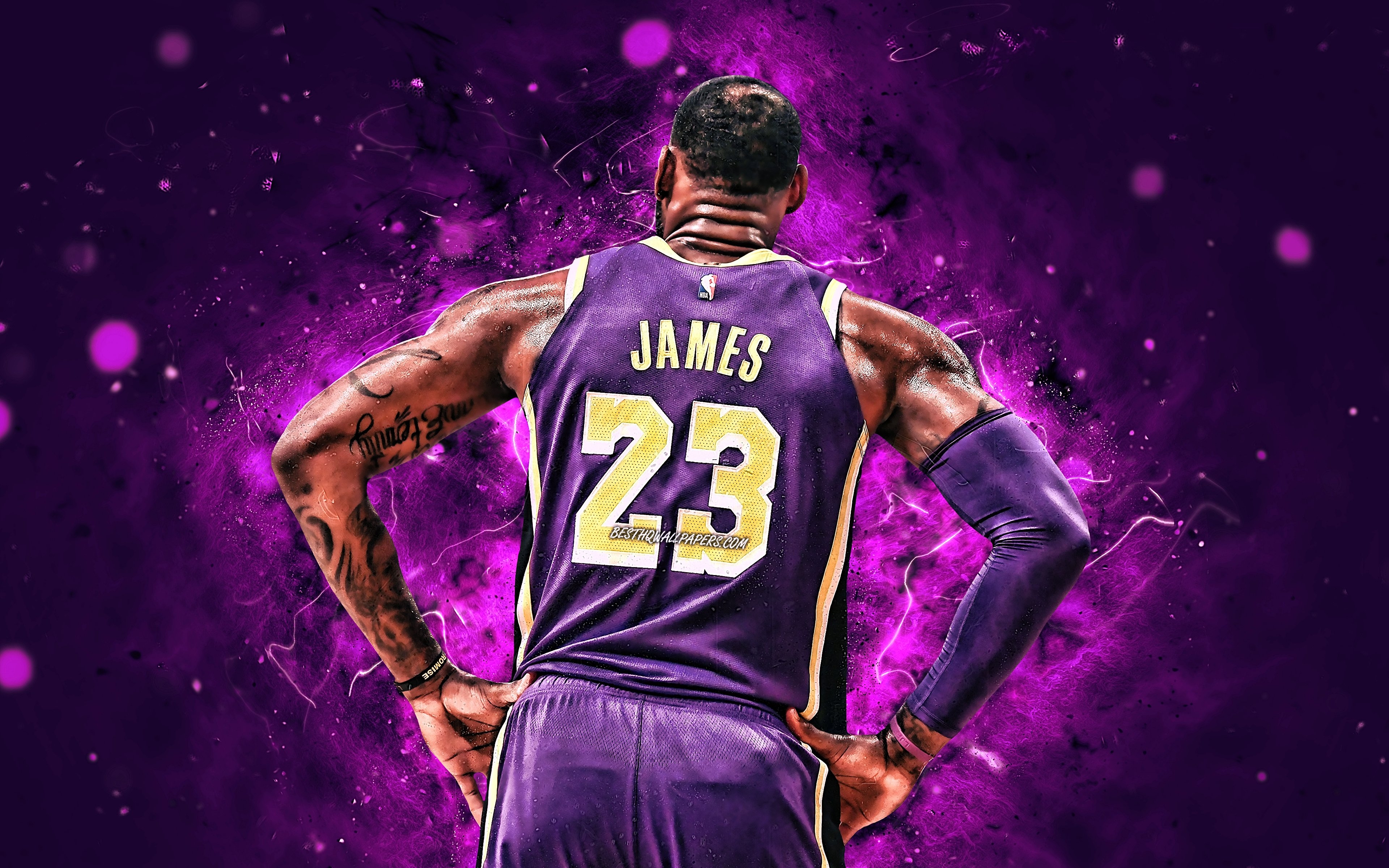 3840x2400 Download wallpaper 4k, LeBron James, back view, NBA, Los Angeles Lakers, violet uniform, basketball stars, LeBron Raymone James Sr, neon lights, LeBron James 4K, basketball, LA Lakers, creative, LeBron James Lakers for, Desktop