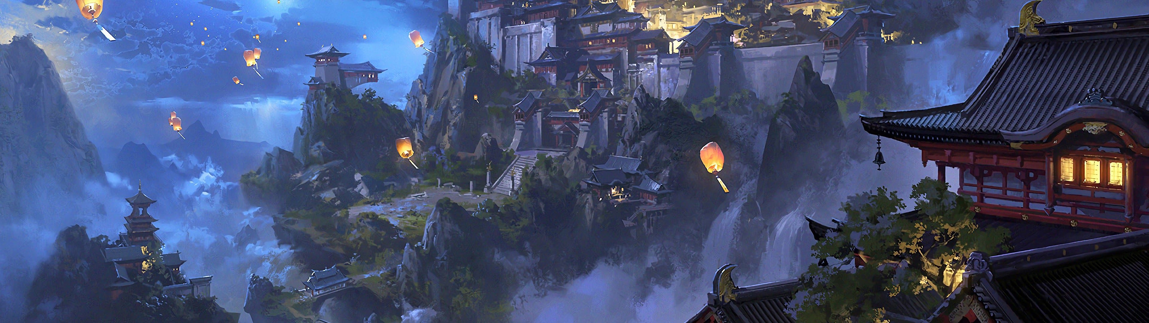 3840x1080 Anime Sky Lantern Mountain Japanese Castle Night Scenery 4K Wallpaper, Dual Screen