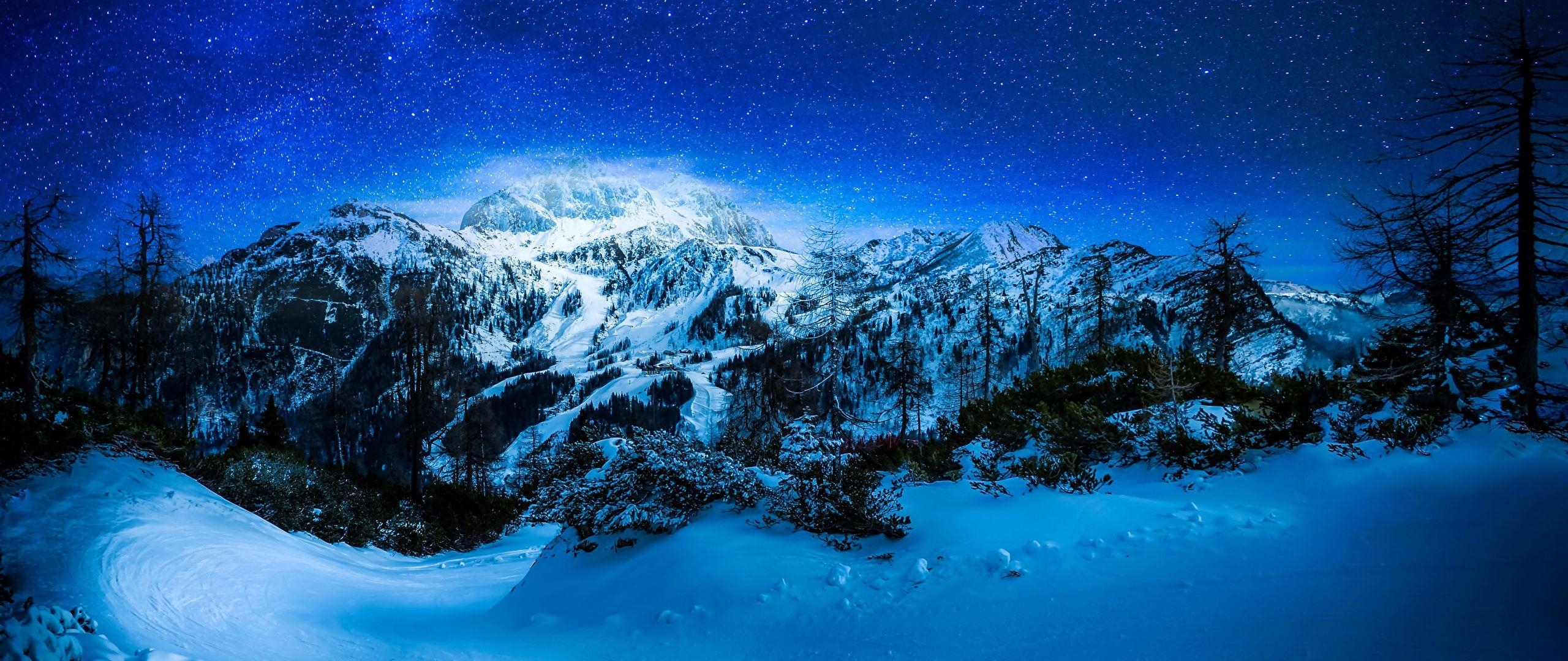 2560x1080 Wallpaper Stars Winter Nature Mountains Sky Snow Night, Dual Screen