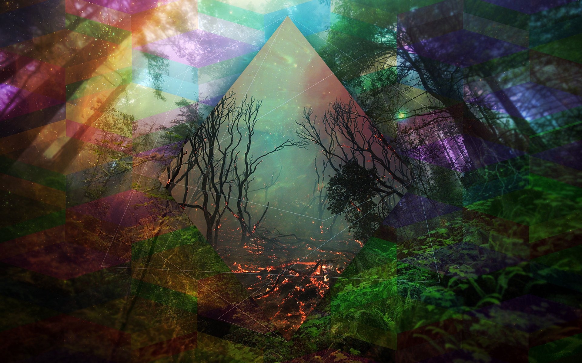 1920x1200 Abstraction line color forest trees fantasy fire flames dark mood artwork art photohop psychedelic wallpaperx1200, Desktop