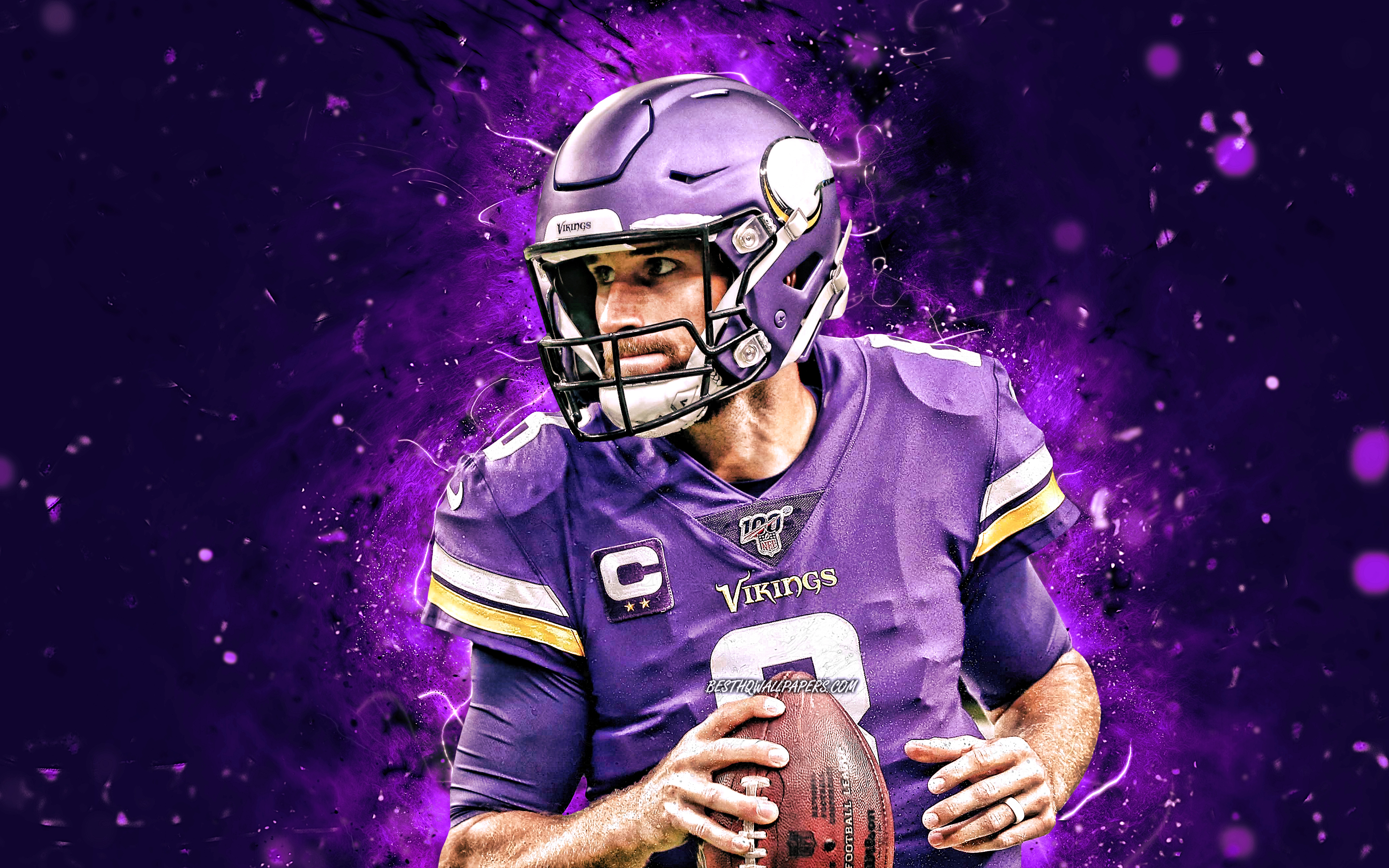 3840x2400 Download wallpaper Kirk Cousins, 4k, quarterback, Minnesota Vikings, american football, NFL, Kirk Daniel Cousins, National Football League, neon lights, Kirk Cousins Minnesota Vikings, Kirk Cousins 4K for desktop with resolution, Desktop