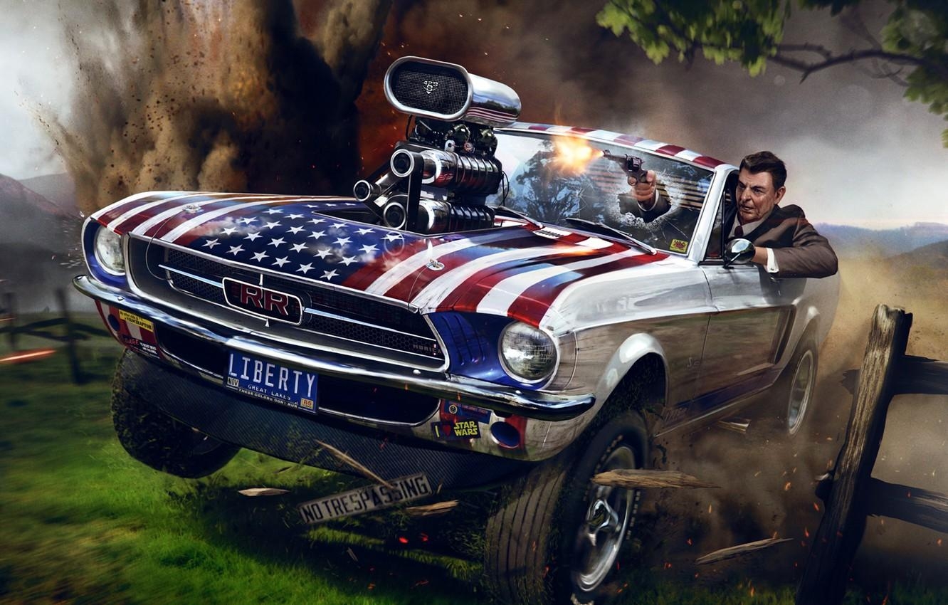 1340x850 Wallpaper the explosion, gun, Ford Mustang, art, Ronald Reagan, Desktop