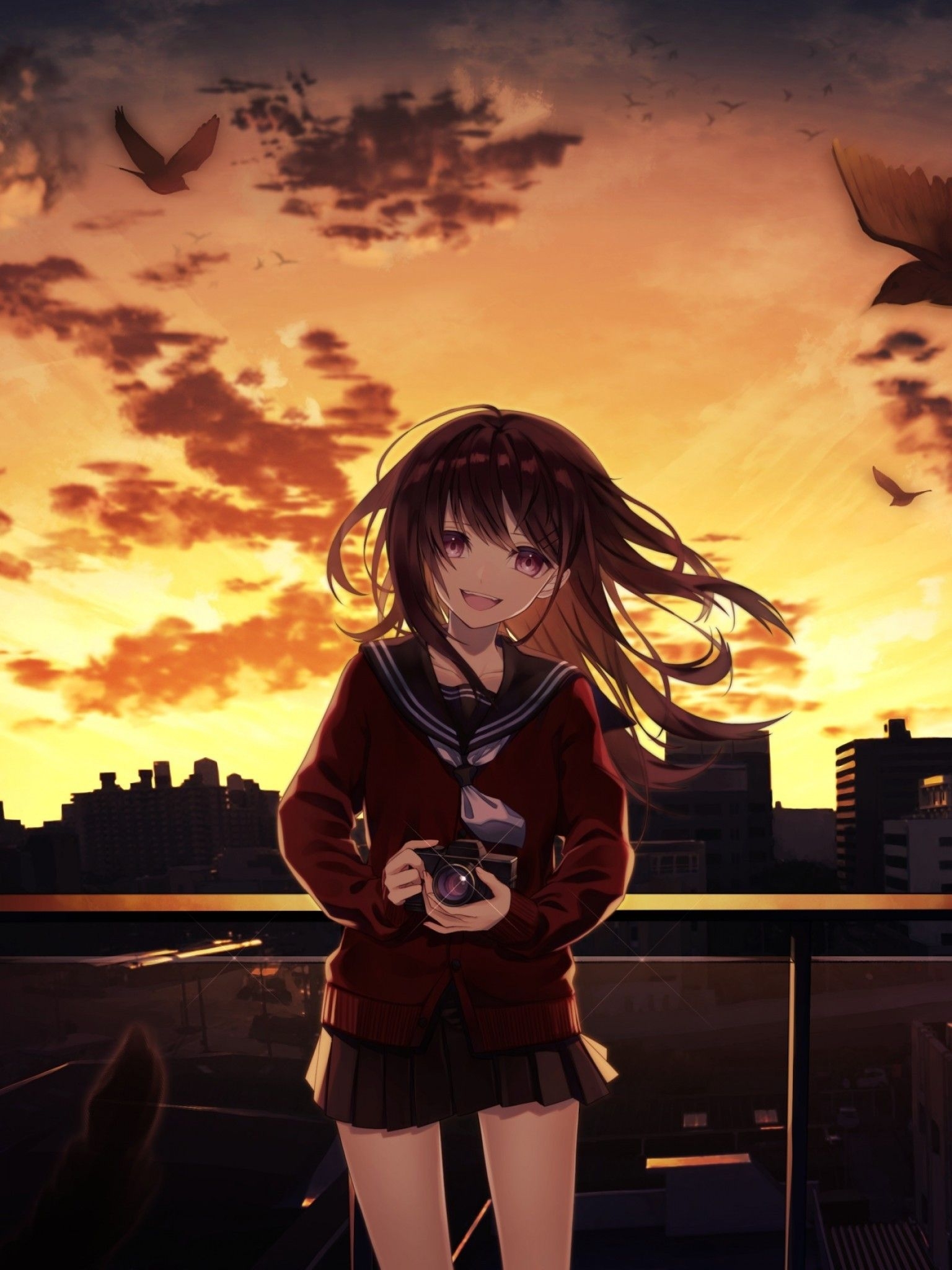 1540x2050 Download  Anime Girl, Smiling, Sunset, Crows, Camera, Buildings, Clouds Wallpaper for Apple iPad Mini, Apple IPad 4, Phone