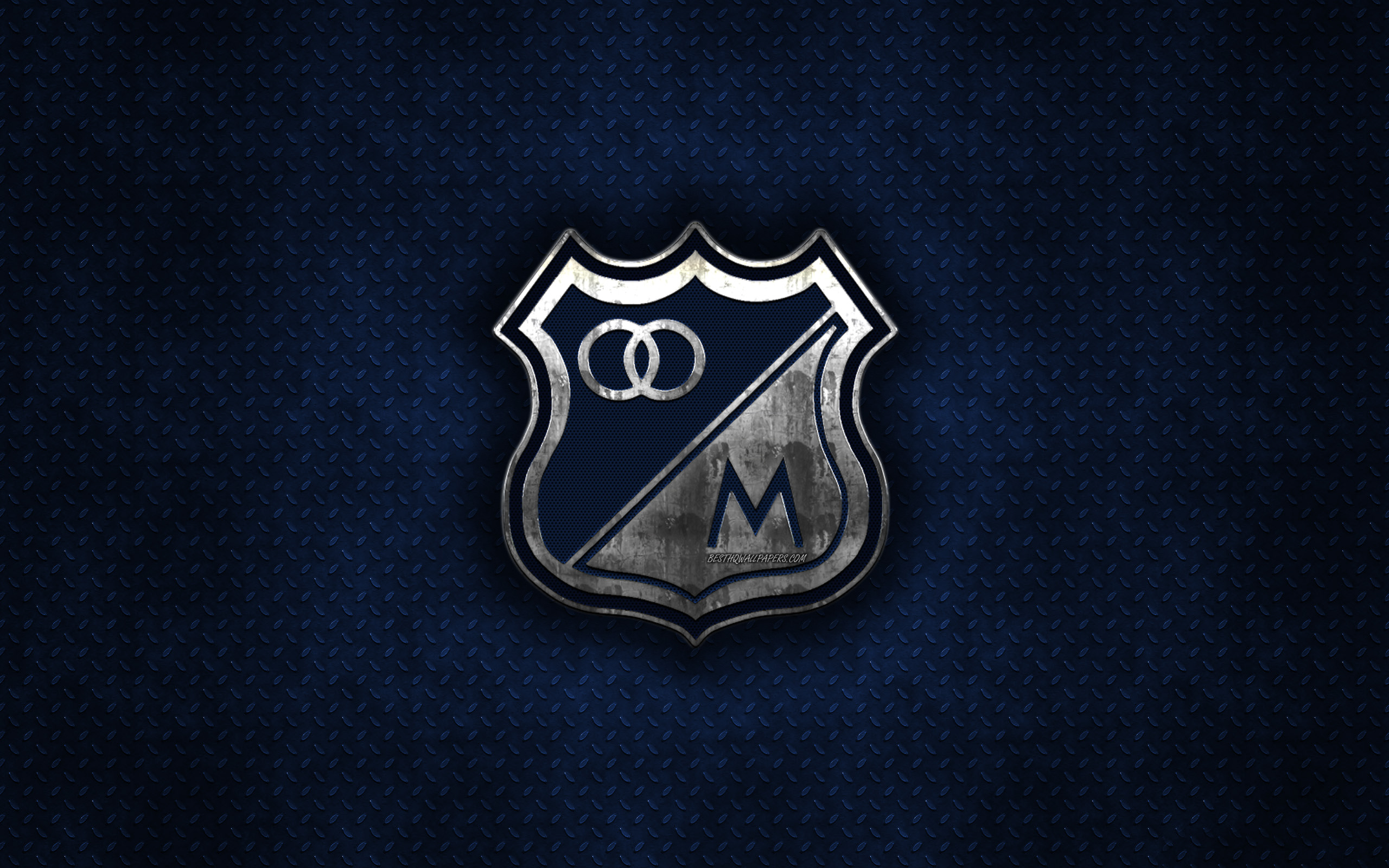 2560x1600 Download wallpaper Millonarios FC, Colombian football club, blue metal texture, metal logo, emblem, Bogota, Colombia, Liga Aguila, creative art, football for desktop with resolution. High Quality HD picture wallpaper, Desktop