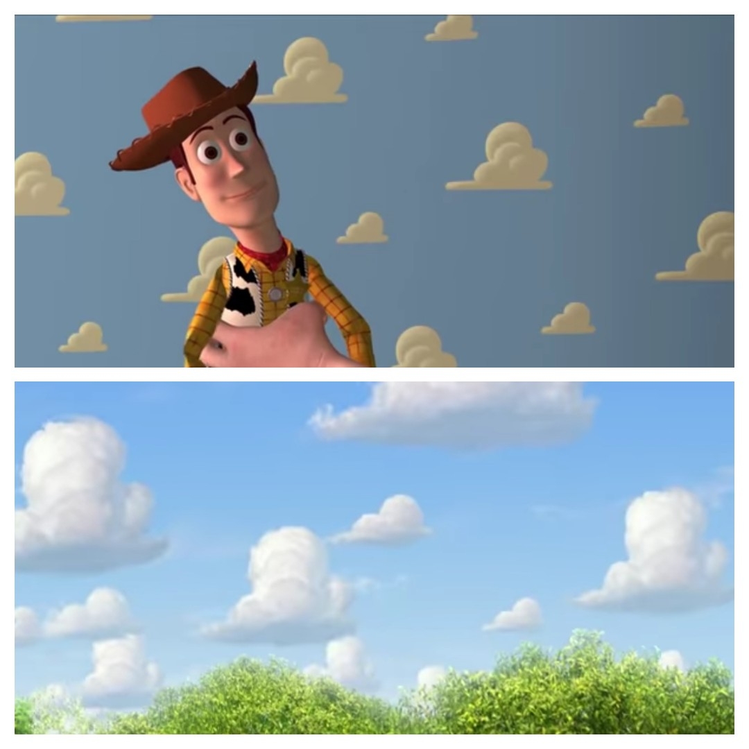 1080x1080 In Toy Story (1995) one of the first few scenes, we see Woody being held up with the cloud wallpaper in the background. At the end of Toy Story 3 (2010) when, Phone