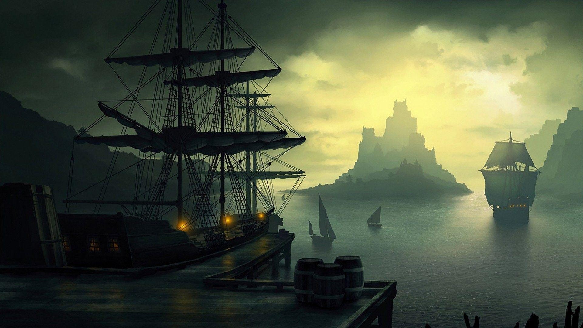 1920x1080 old ship, Ship, Barrels, Clouds, Sailing, Lantern, Sun, Island, Desktop