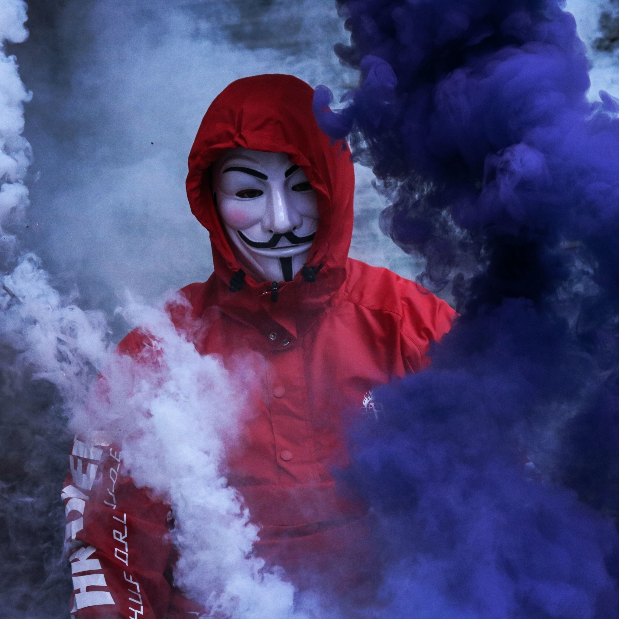 2050x2050 Man in Mask Wallpaper 4K, Smoke Background, Purple Smoke, Phone