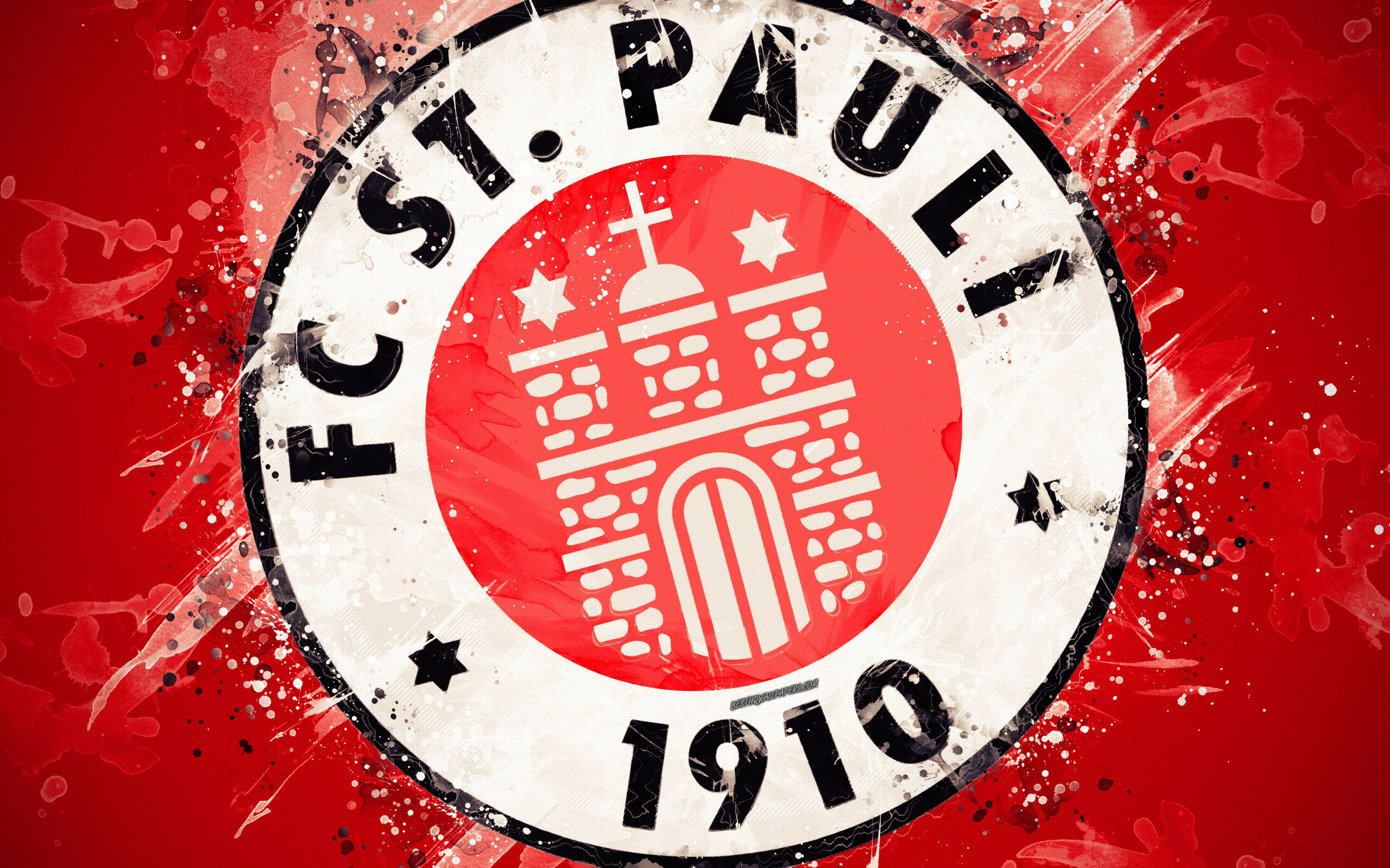 3840x2400 Download wallpaper FC St Pauli, 4k, paint art, logo, creative, German football team, Bundesliga emblem, red background, grunge style, St Pauli, Germany, football for desktop with resolution. High Quality HD, Desktop