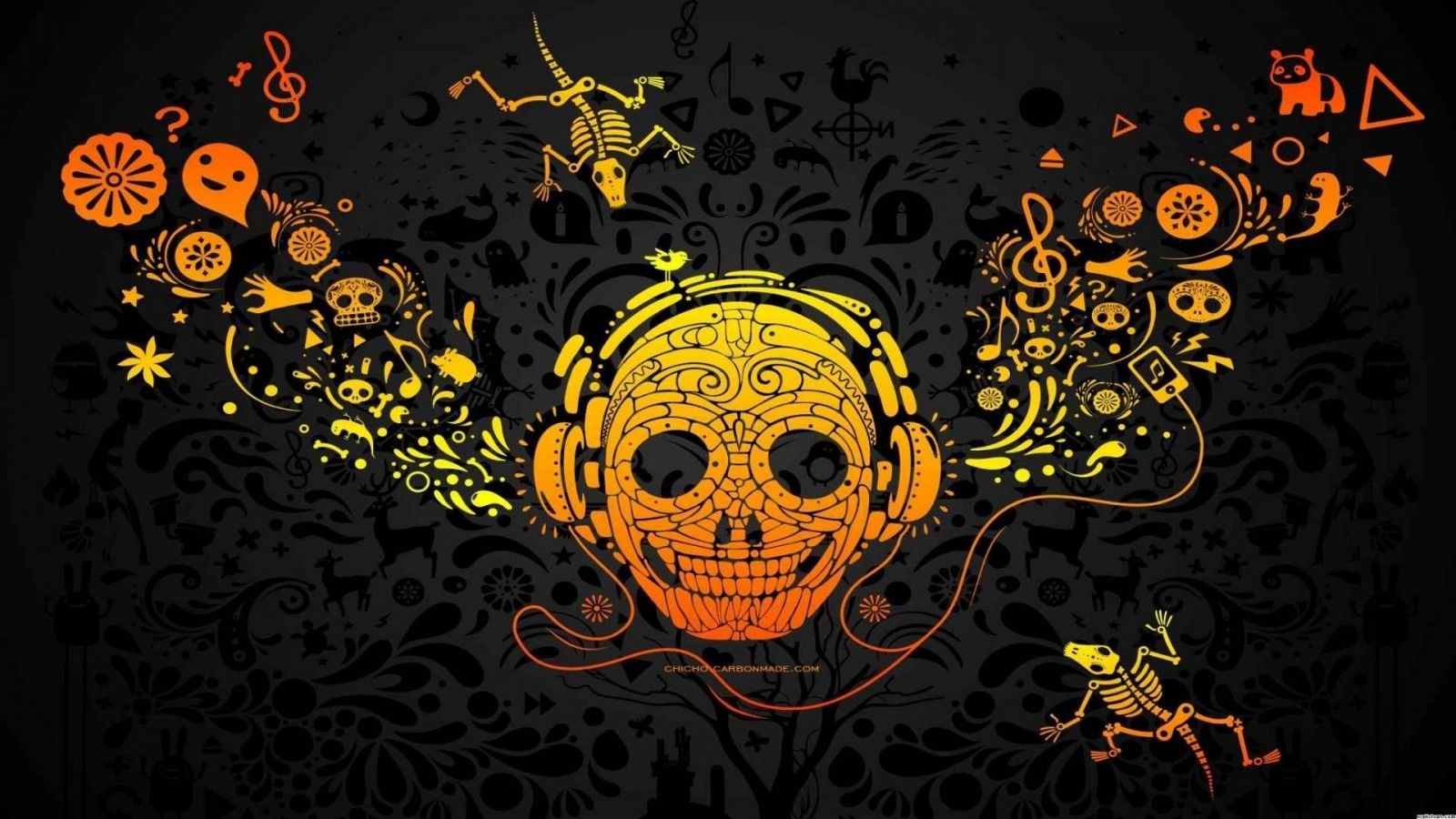 1600x900 illustration, Halloween, music, cartoon, pattern, skull, DJ, design, computer wallpaper, font, album cover. Mocah HD Wallpaper, Desktop