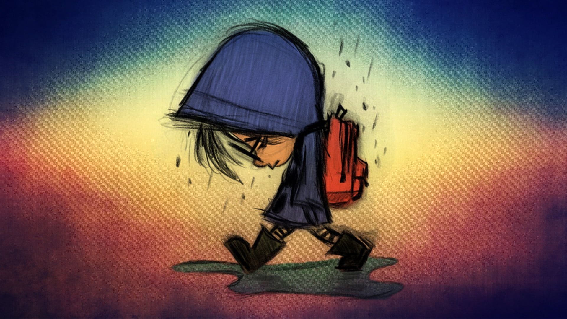 1920x1080 Child wearing blue hooded top and red backpack artwork, children, Desktop