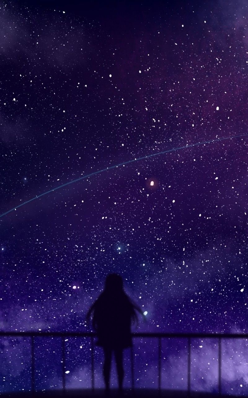 800x1280 Download  Anime Girl, Stars, Clouds, Fence, Silhouette, Phone