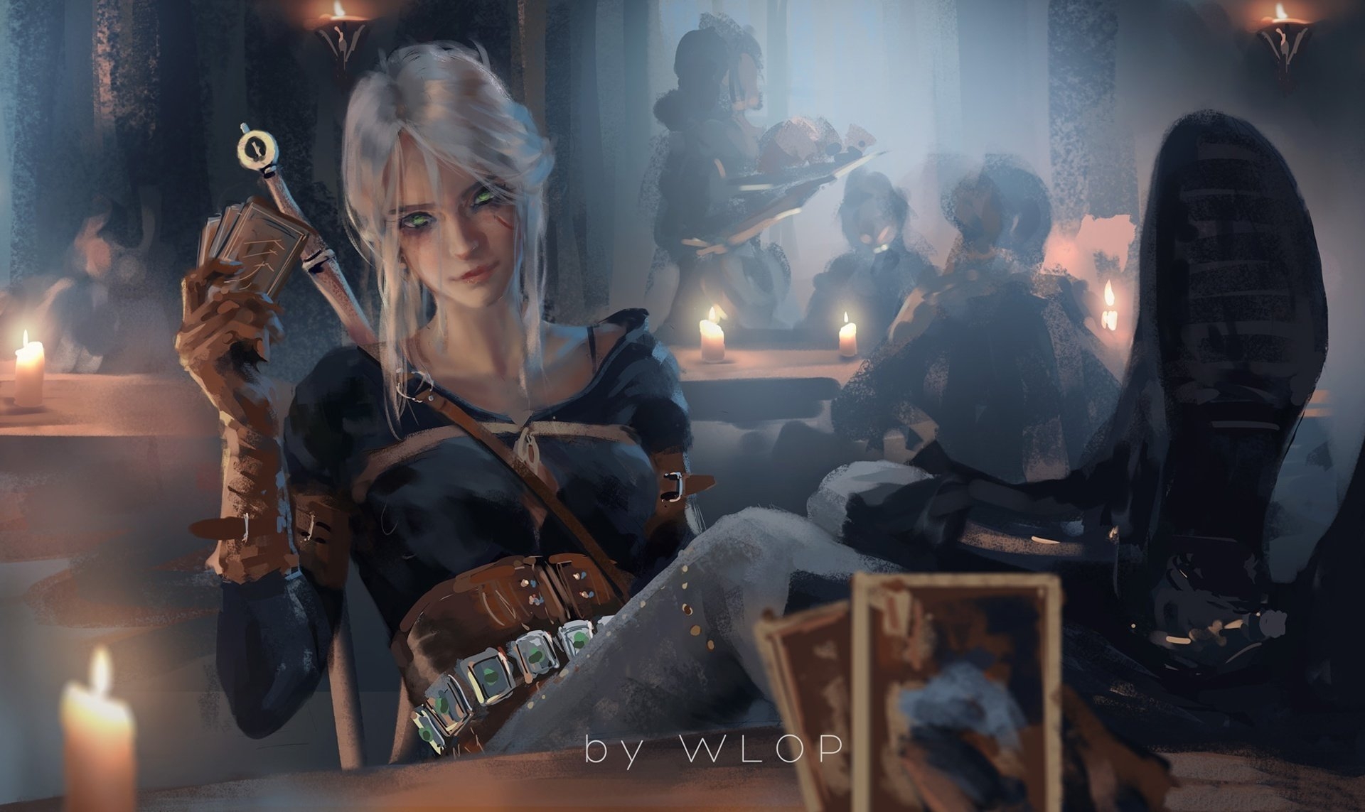 1920x1150 Wallpaper. Fantasy. photo. picture. tavern, girl, The sword, map, wlop, Desktop