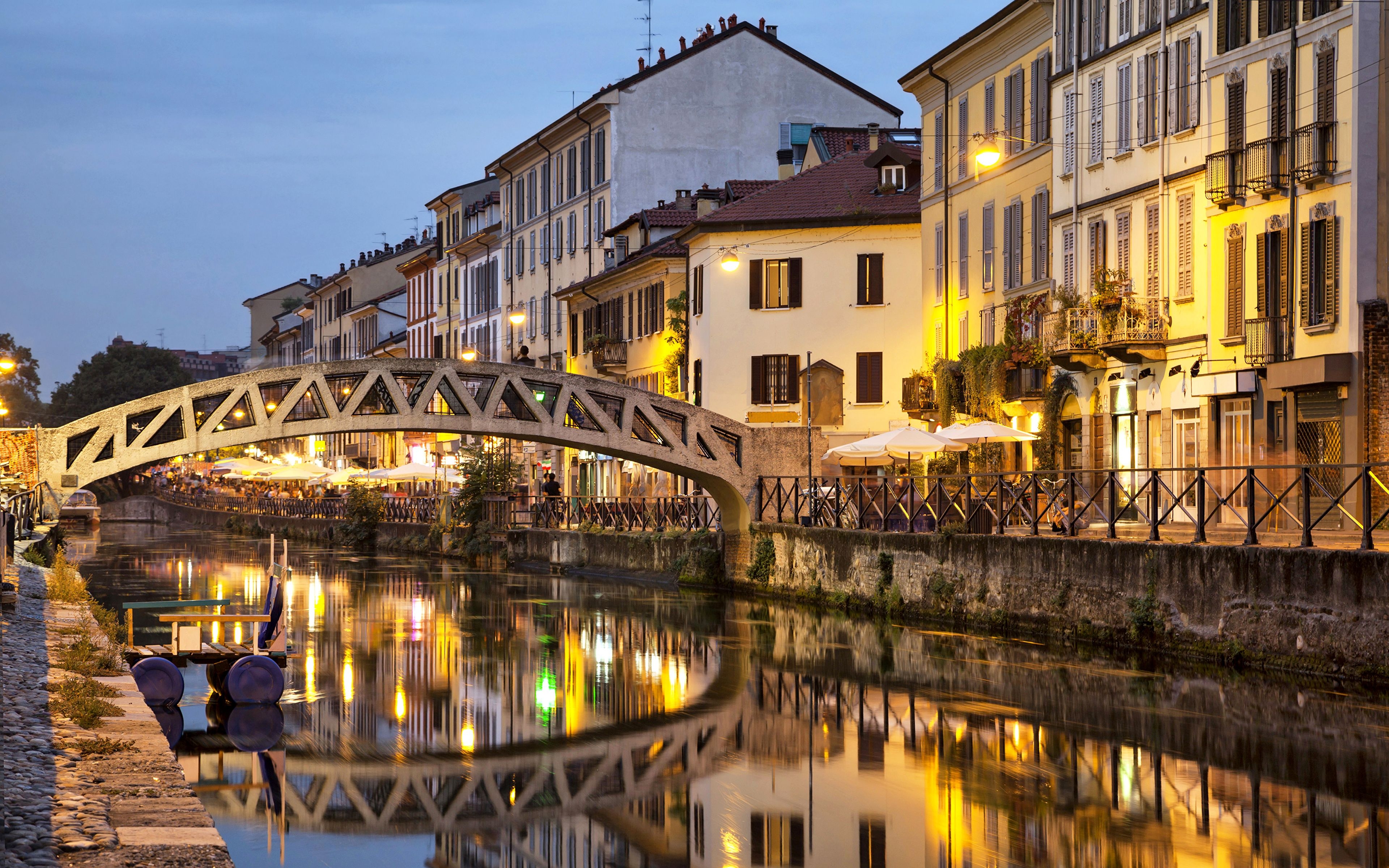 3840x2400 Photos Italy Milan Bridges Night Rivers Cities Houses, Desktop