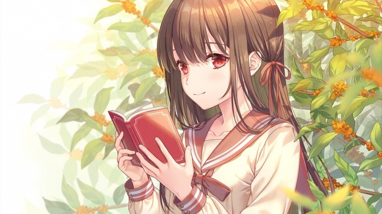 1280x720 Download  Anime School Girl, Reading A Book, Brown Hair Wallpaper, Desktop