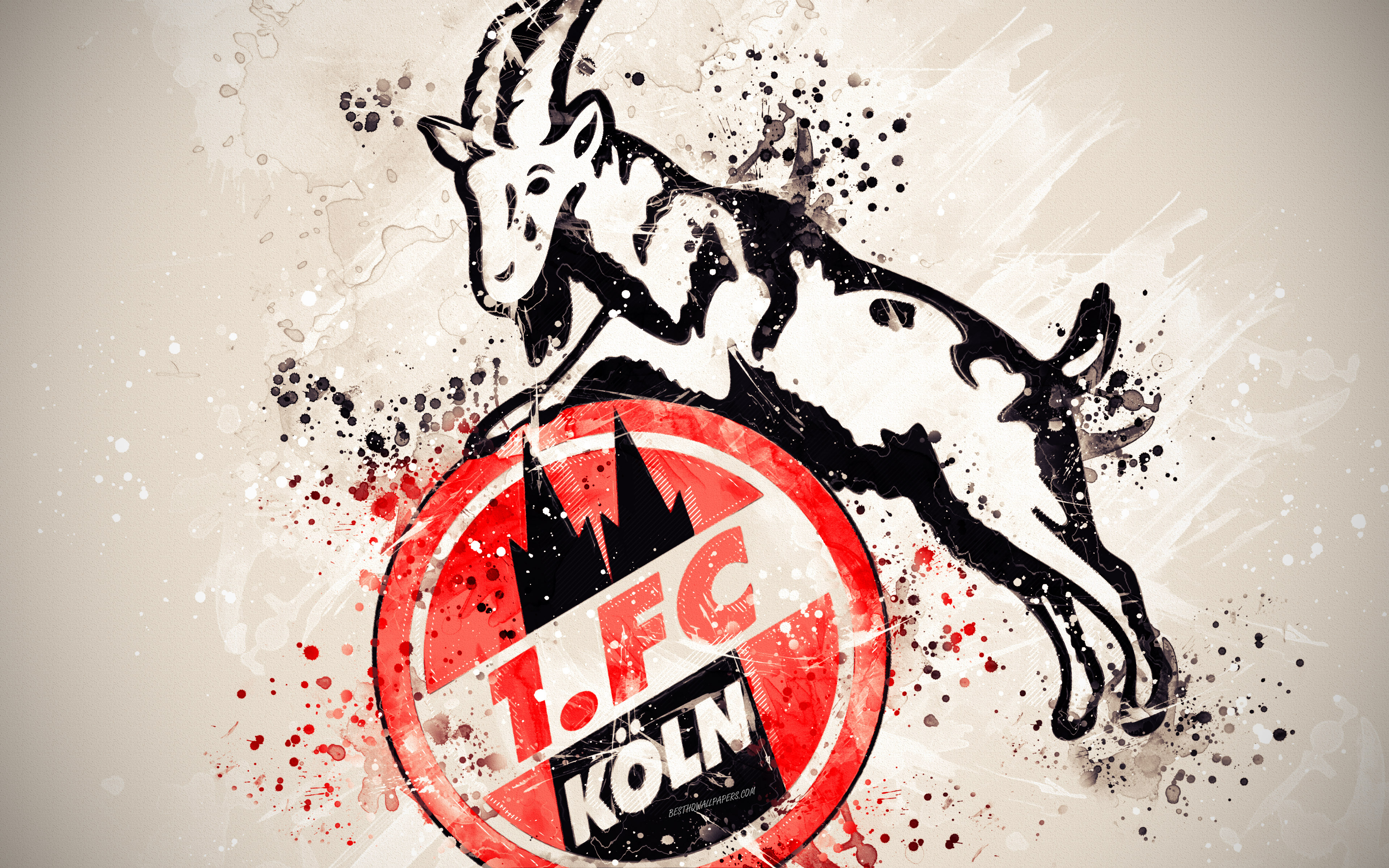 3840x2400 Download wallpaper FC Koln, 4k, paint art, logo, creative, German football team, Bundesliga emblem, white background, grunge style, Cologne, Germany, football for desktop with resolution. High Quality HD picture wallpaper, Desktop