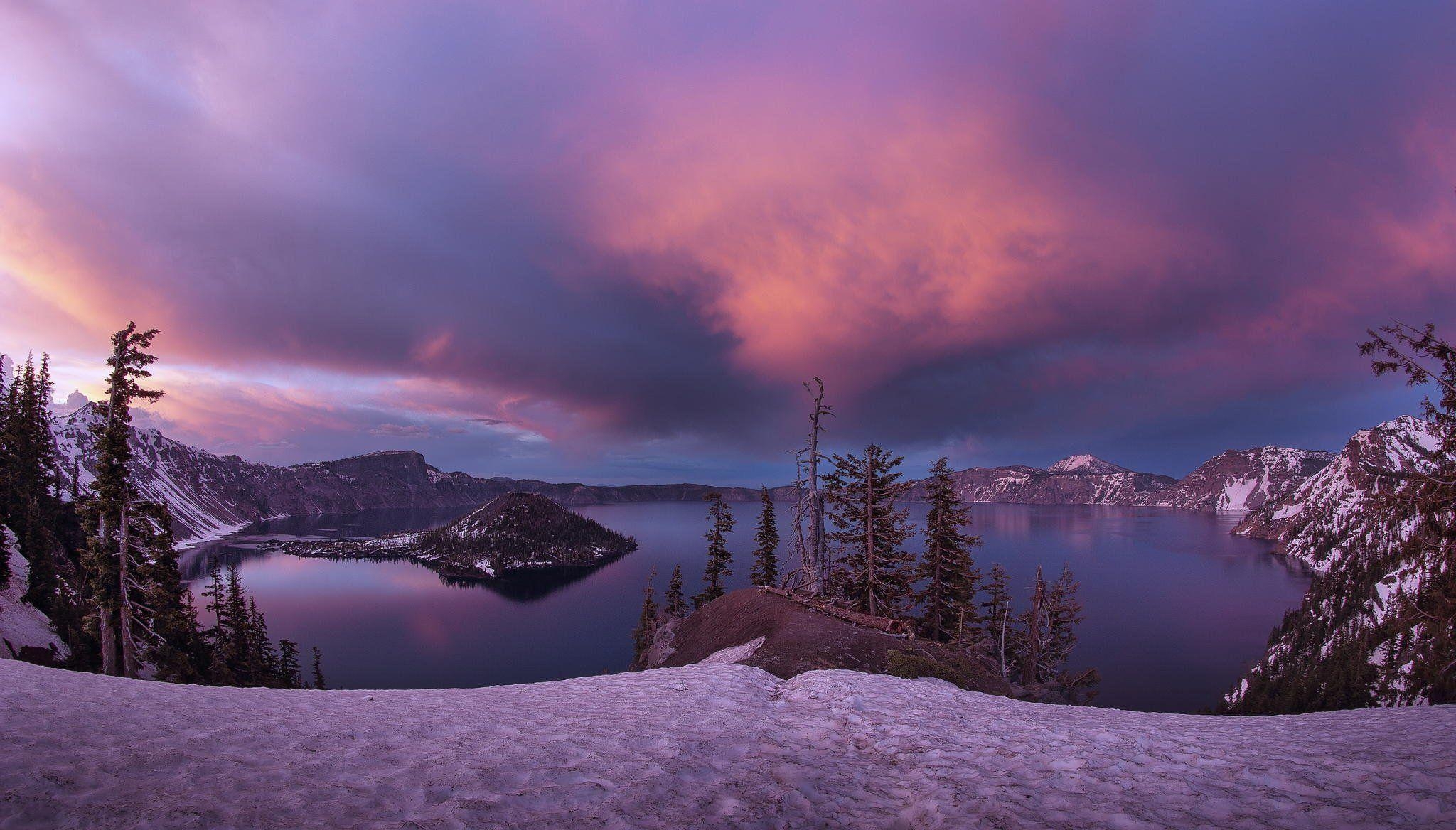 2050x1170 lake island crater winter snow sunset crater lake national park, Desktop