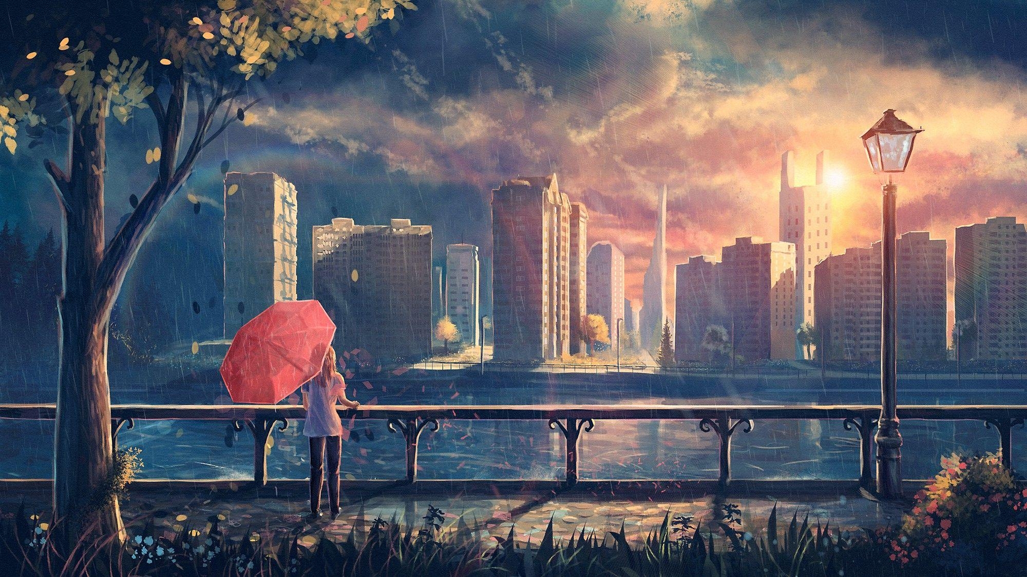 2000x1130 artwork, Fantasy Art, Anime, Rain, City, Park, Umbrella Wallpaper HD / Desktop and Mobile Background, Desktop