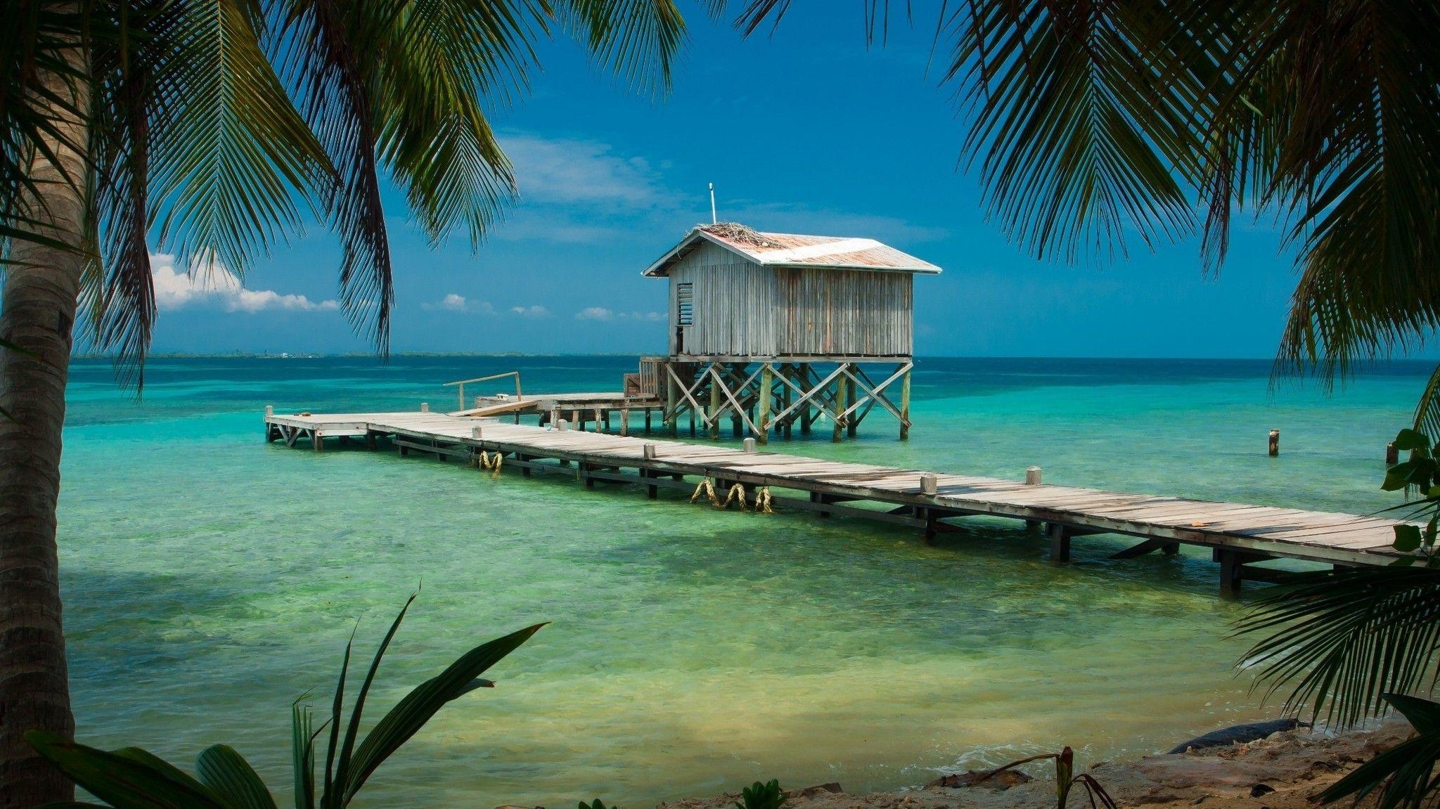 2050x1160 nature, Landscape, Beach, Tropical, Sea, Palm Trees, Dock, Wooden, Desktop