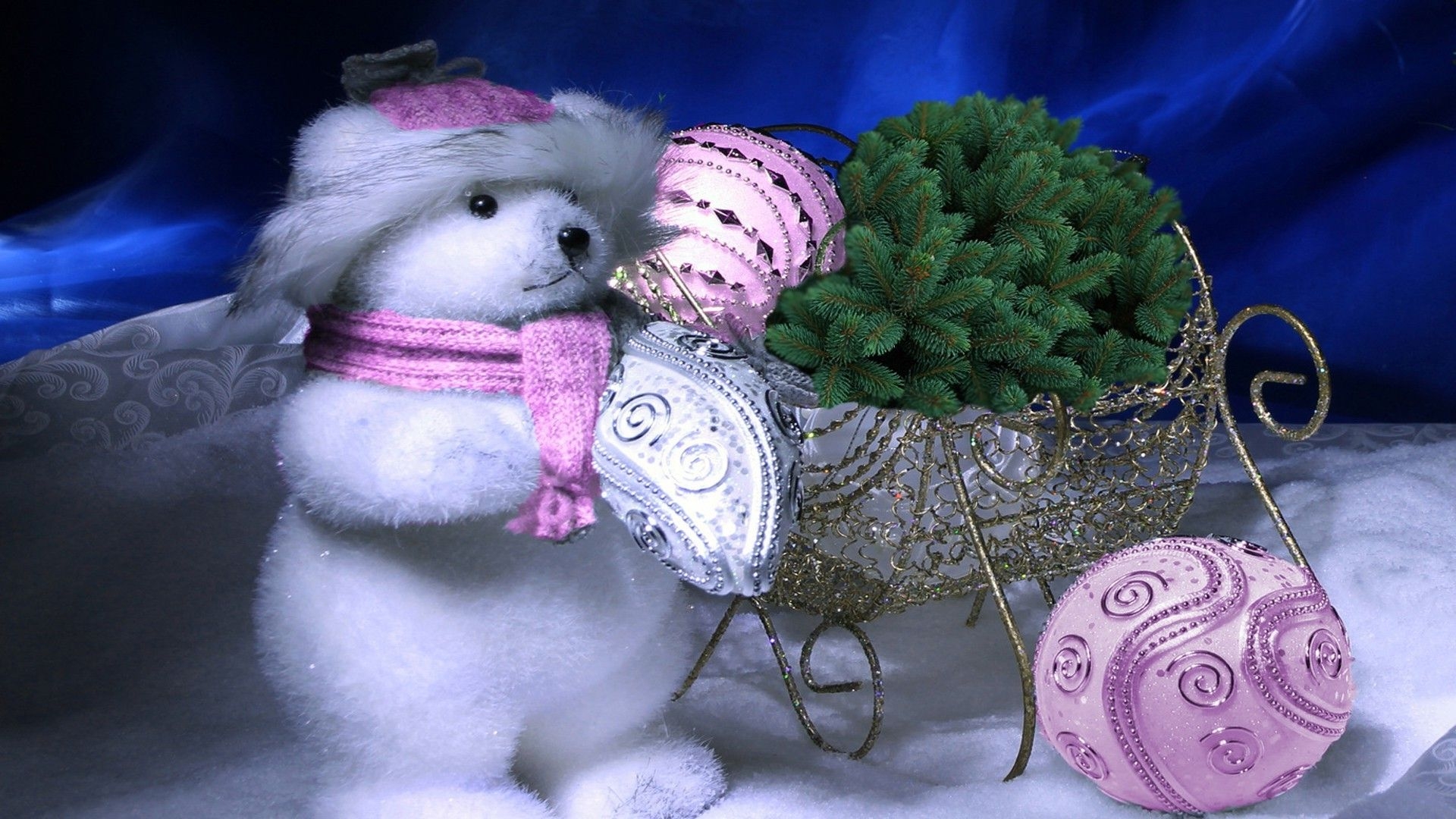 1920x1080 Teddy bear, sleigh with Christmas tree, Desktop