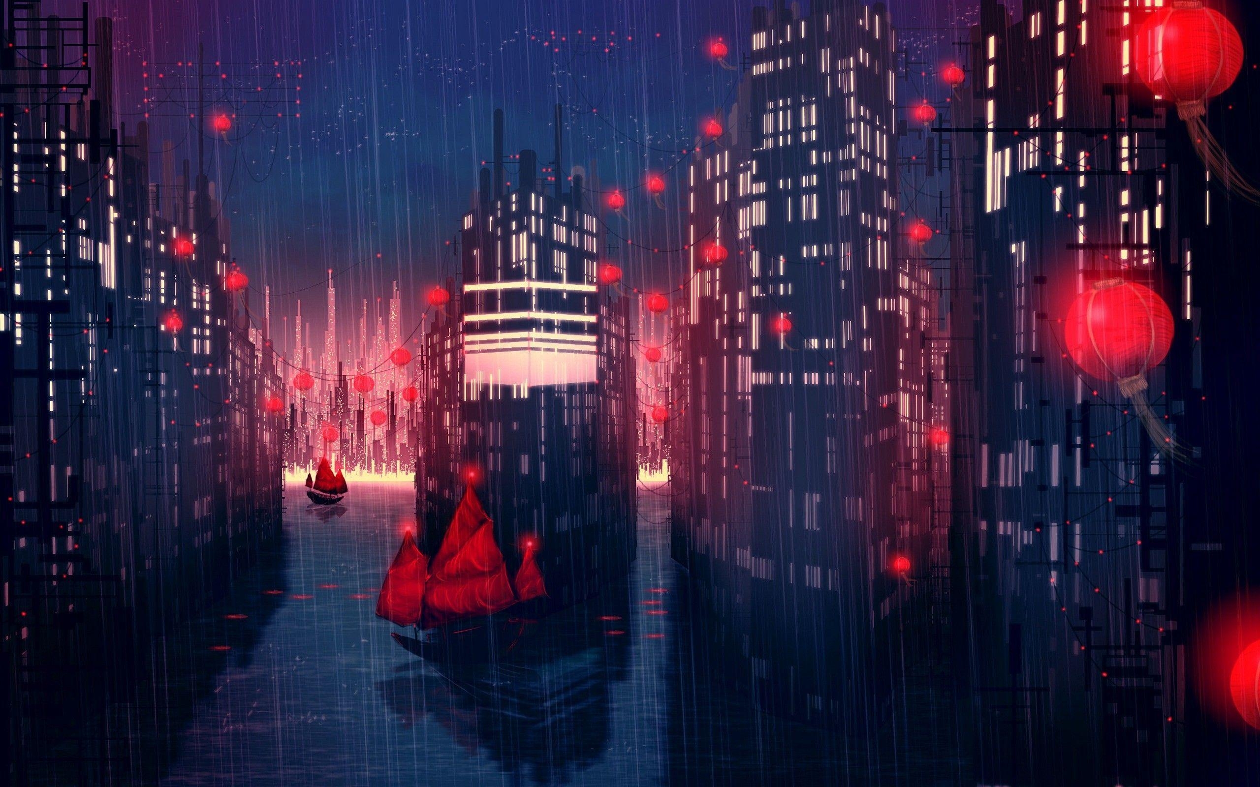 2560x1600 Anime City Night Scenery Wallpaper Free Anime City Night, Desktop