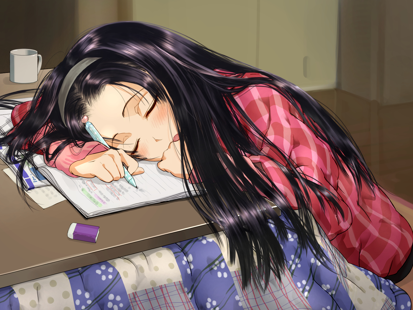 1400x1050 Studying Sleeping Dark Hair Anime Girls Wallpaper:, Desktop