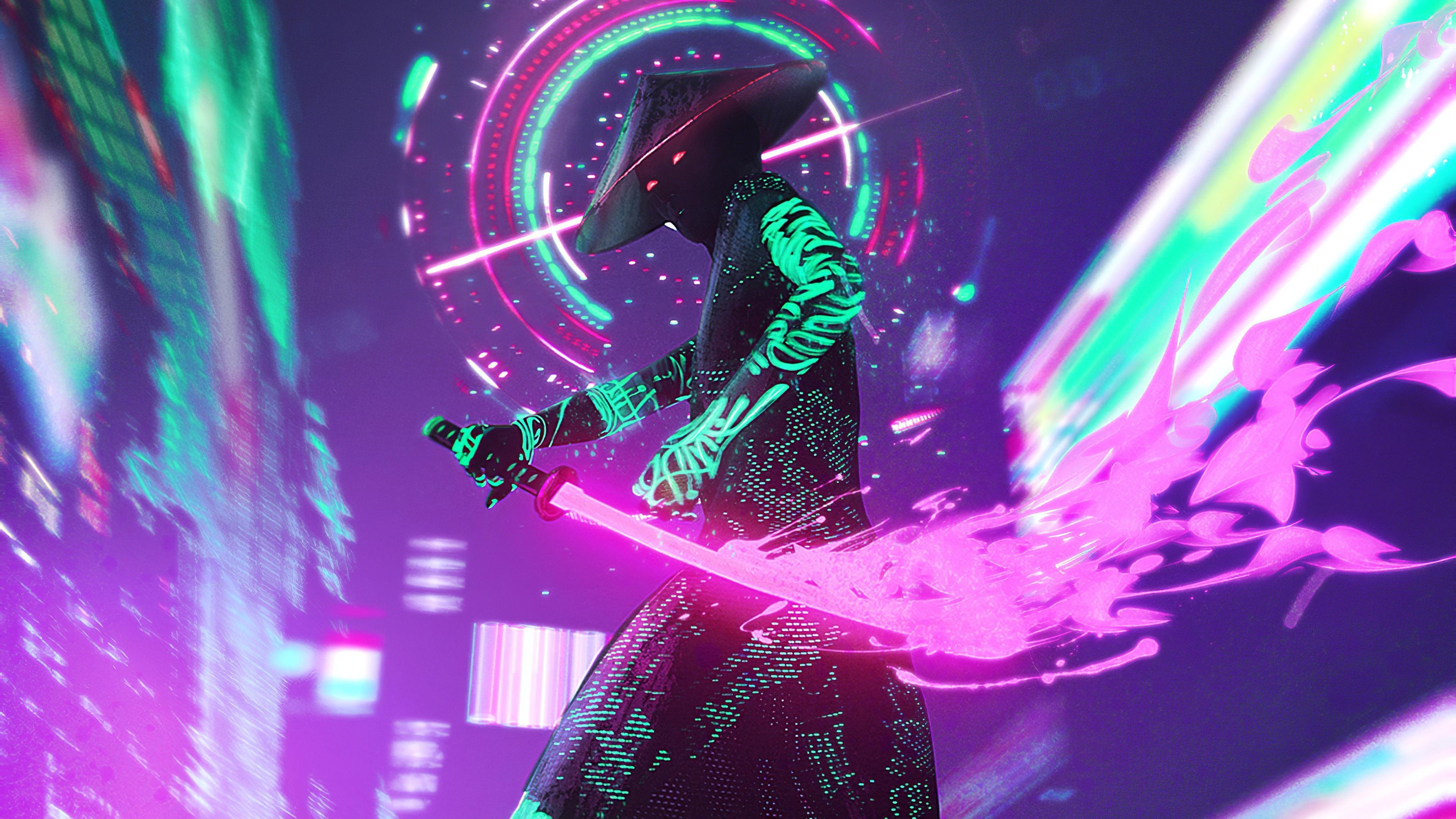 3840x2160 Neon Samurai Cyberpunk Wallpaper, HD Artist 4K Wallpaper, Image, Desktop