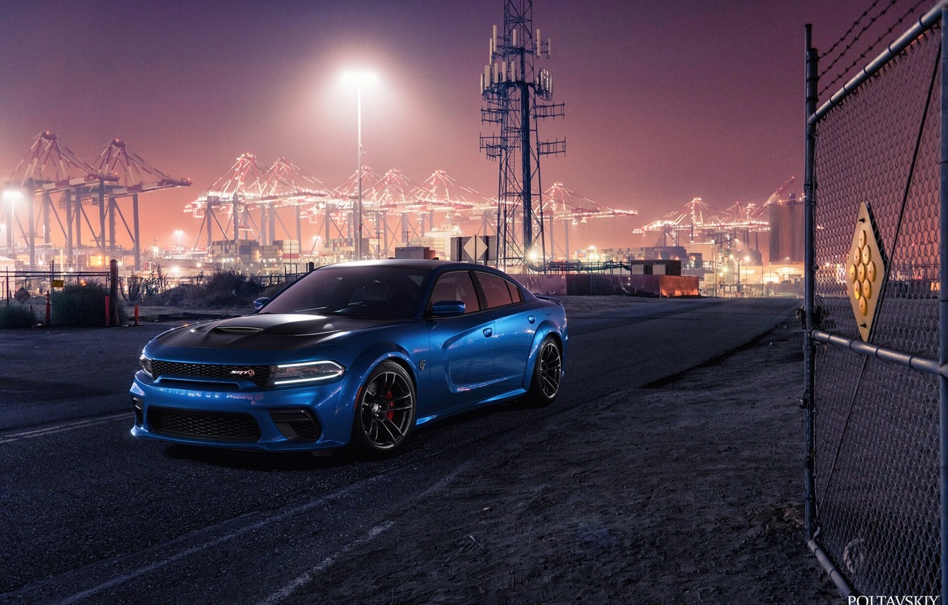 1340x850 Wallpaper Auto, Port, Night, Blue, Machine, Car, Car, Render, Dodge Charger, Hellcat, Rendering, SRT, Sports car, Terminal, Blue color, Dodge Charger SRT Hellcat image for desktop, section dodge, Desktop