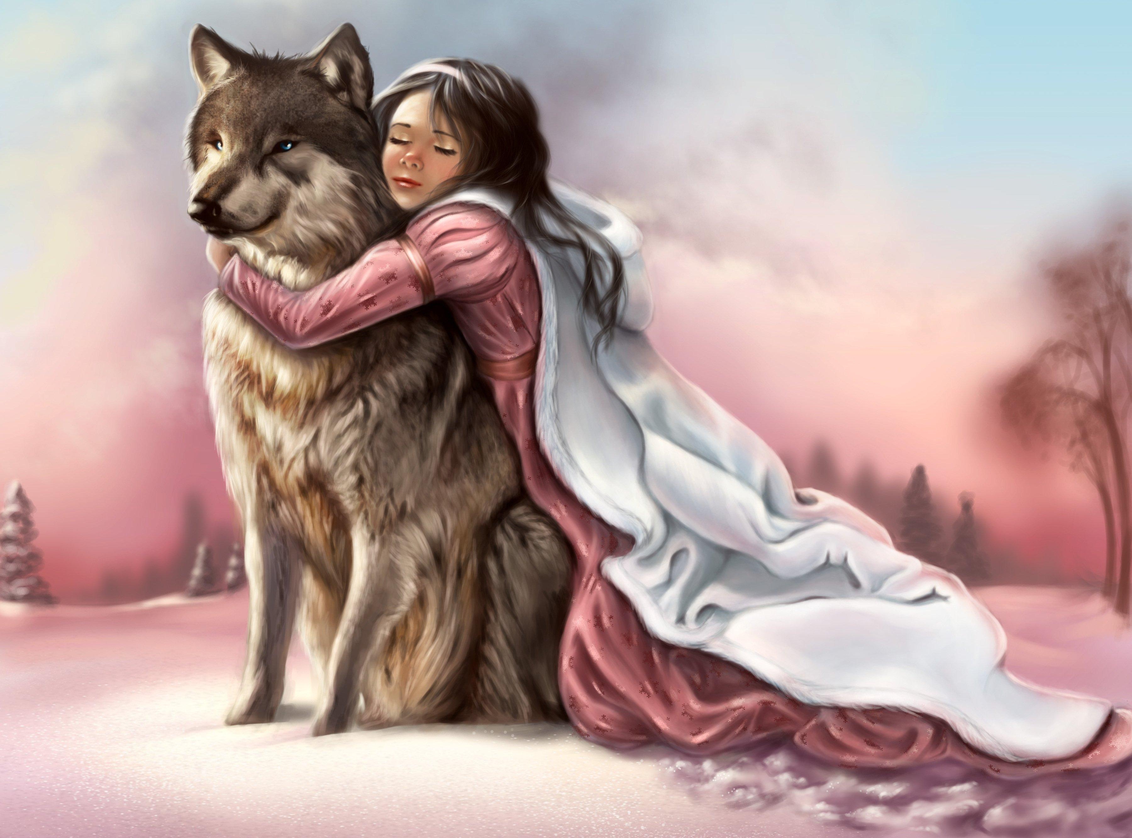 3600x2670 Painting fantasy girl pink dress face eyes closed hands hugging wolf, Desktop