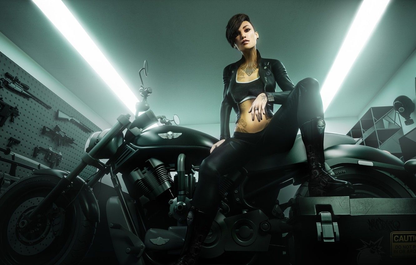 1340x850 Wallpaper pose, weapons, woman, motorcycle, tattoo, badass girl image for desktop, section рендеринг, Desktop