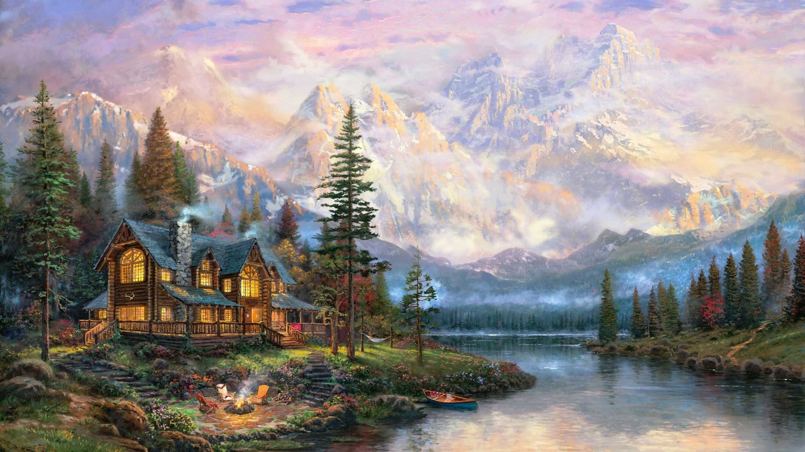 2560x1440 thomas kinkade, painting, cathedral mountain lodge, thomas kincaid, painting desktop wallpaper 26865, Desktop